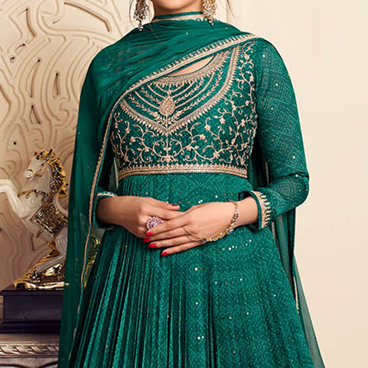 Aqua Green Printed With Embroidered Chiffon Gown