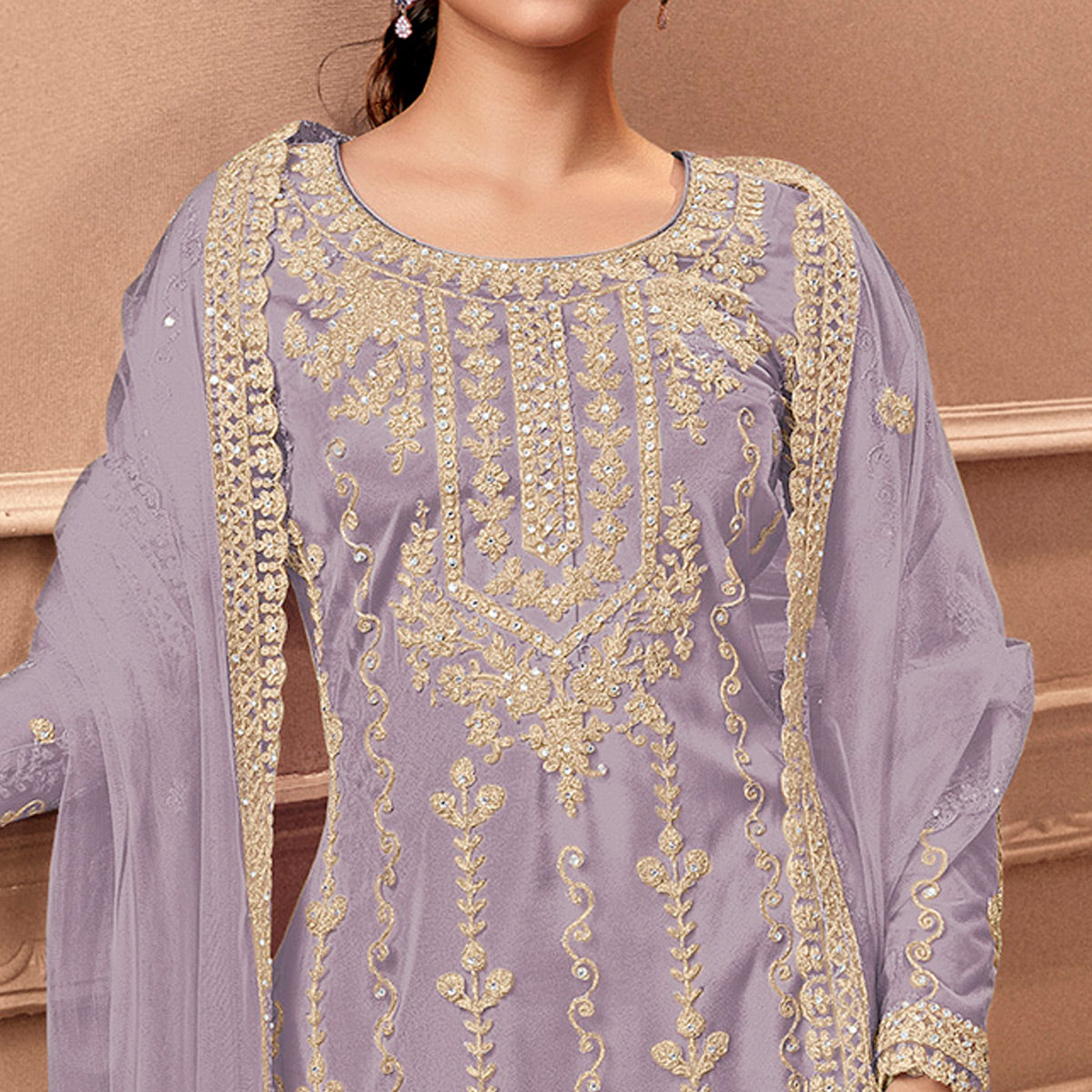 Violet Floral Embroidered Netted Pakistani Suit