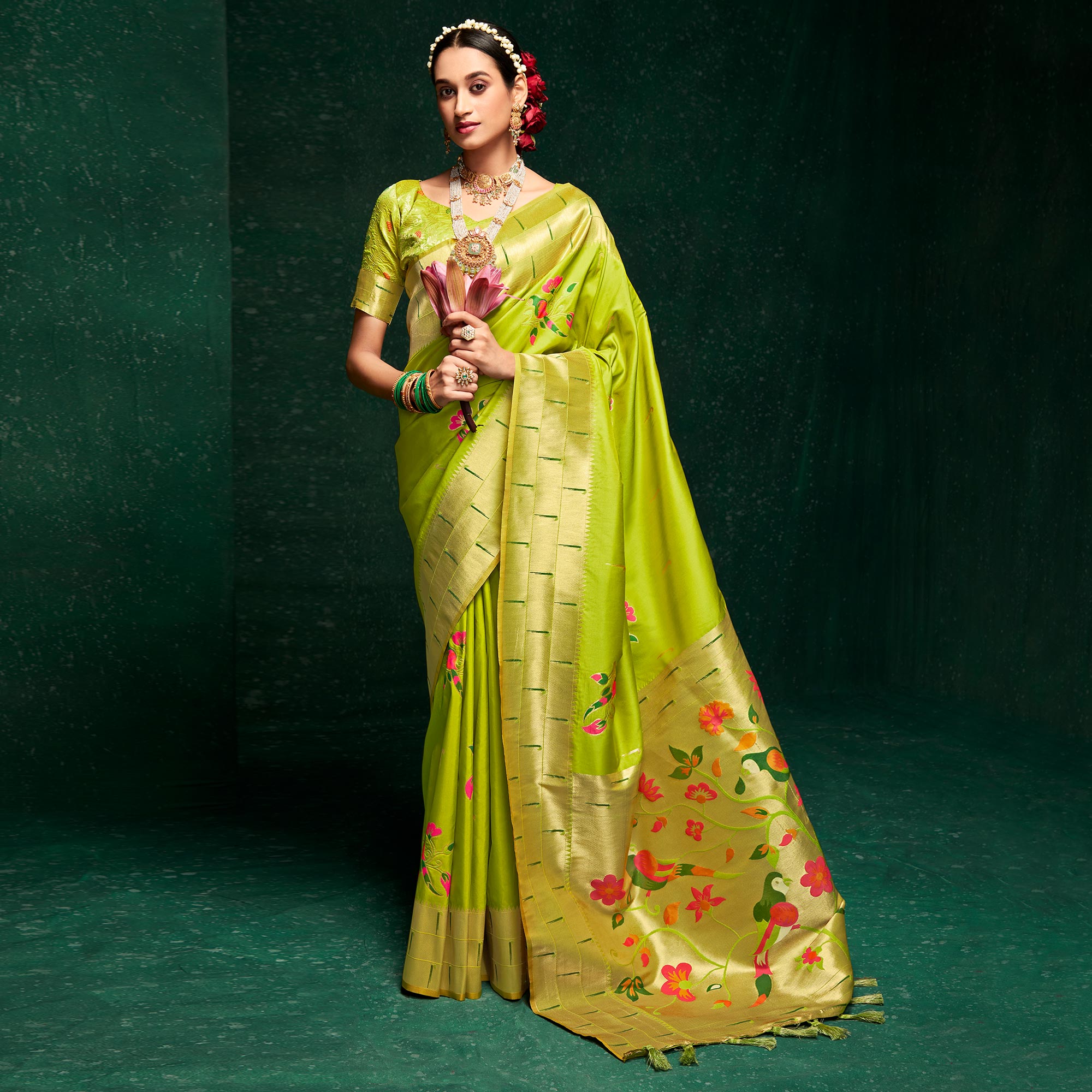Parrot Green Woven Pure Silk Paithani Saree With Tassels