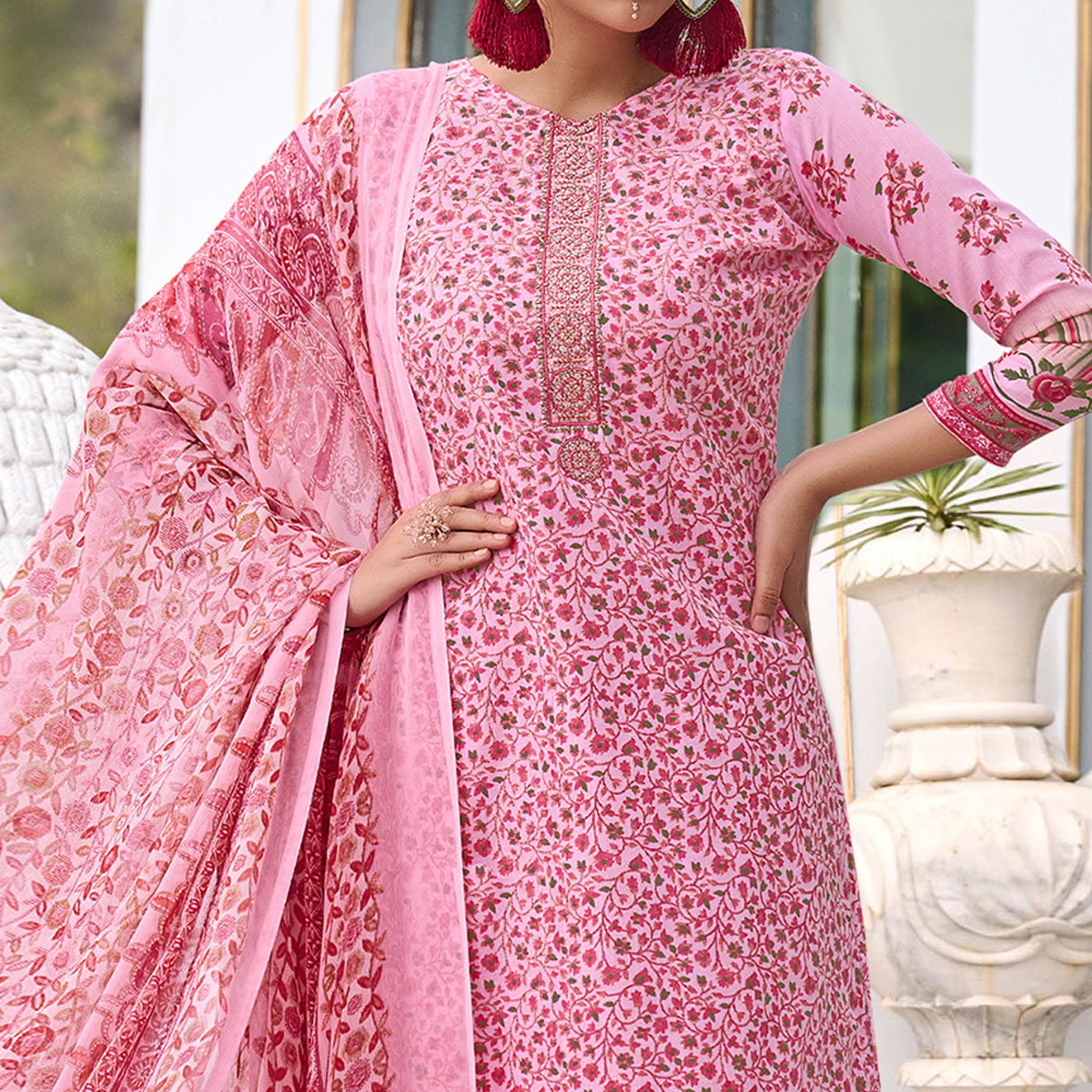 Pink Printed With Embroidered Pure Cotton Salwar Suit