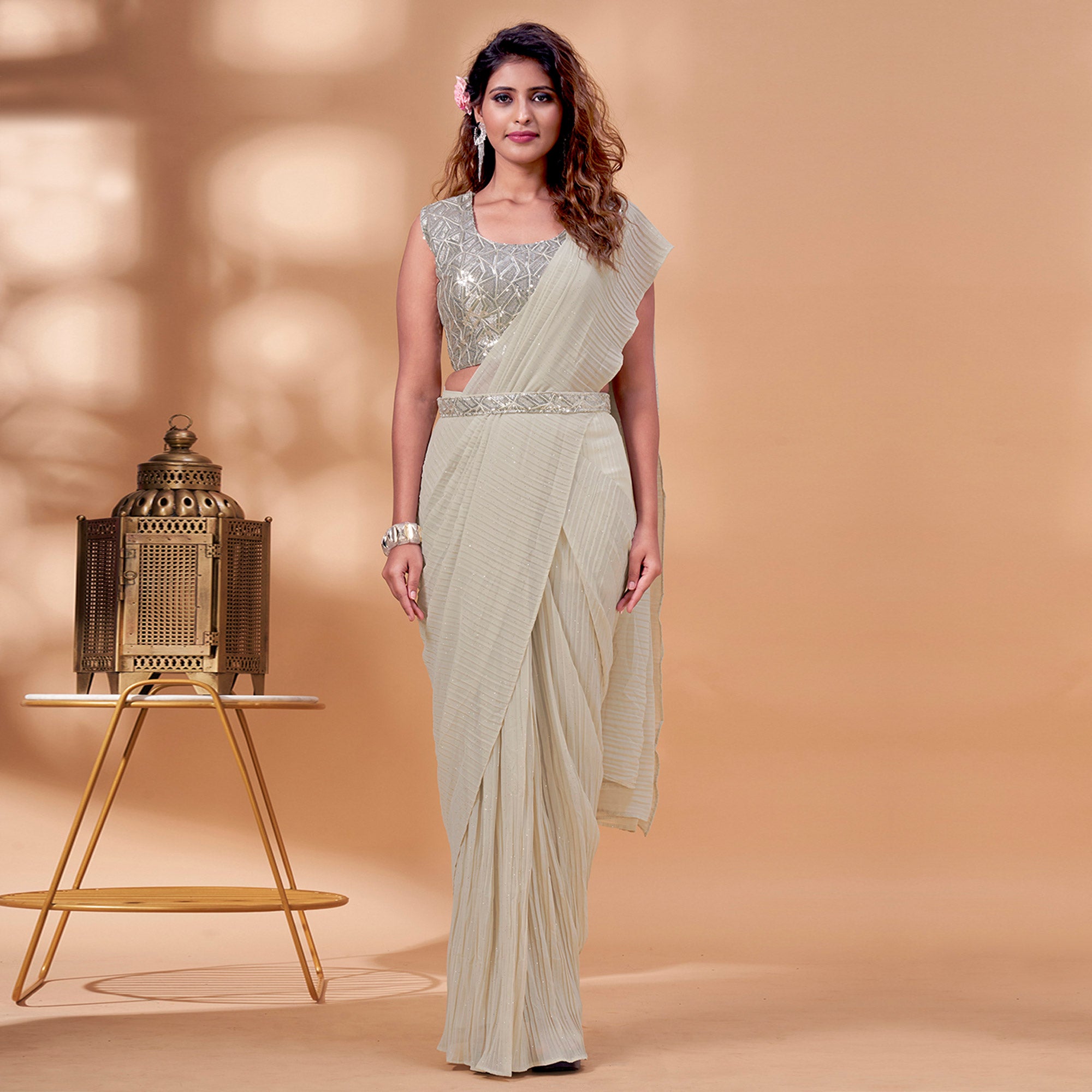 Cream Sequins Embroidered Ready to Wear Georgette Saree