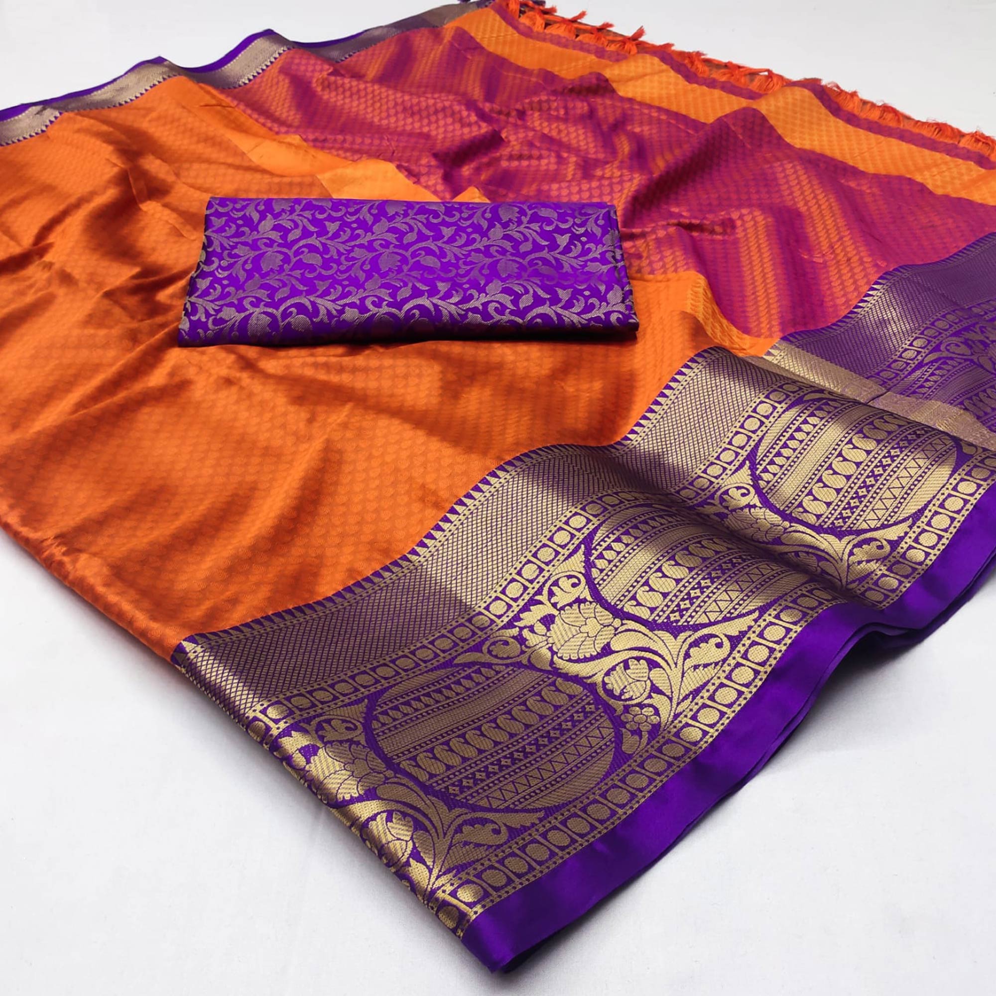 Orange Woven Cotton Silk Saree With Tassels