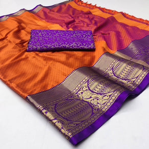 Orange Woven Cotton Silk Saree With Tassels