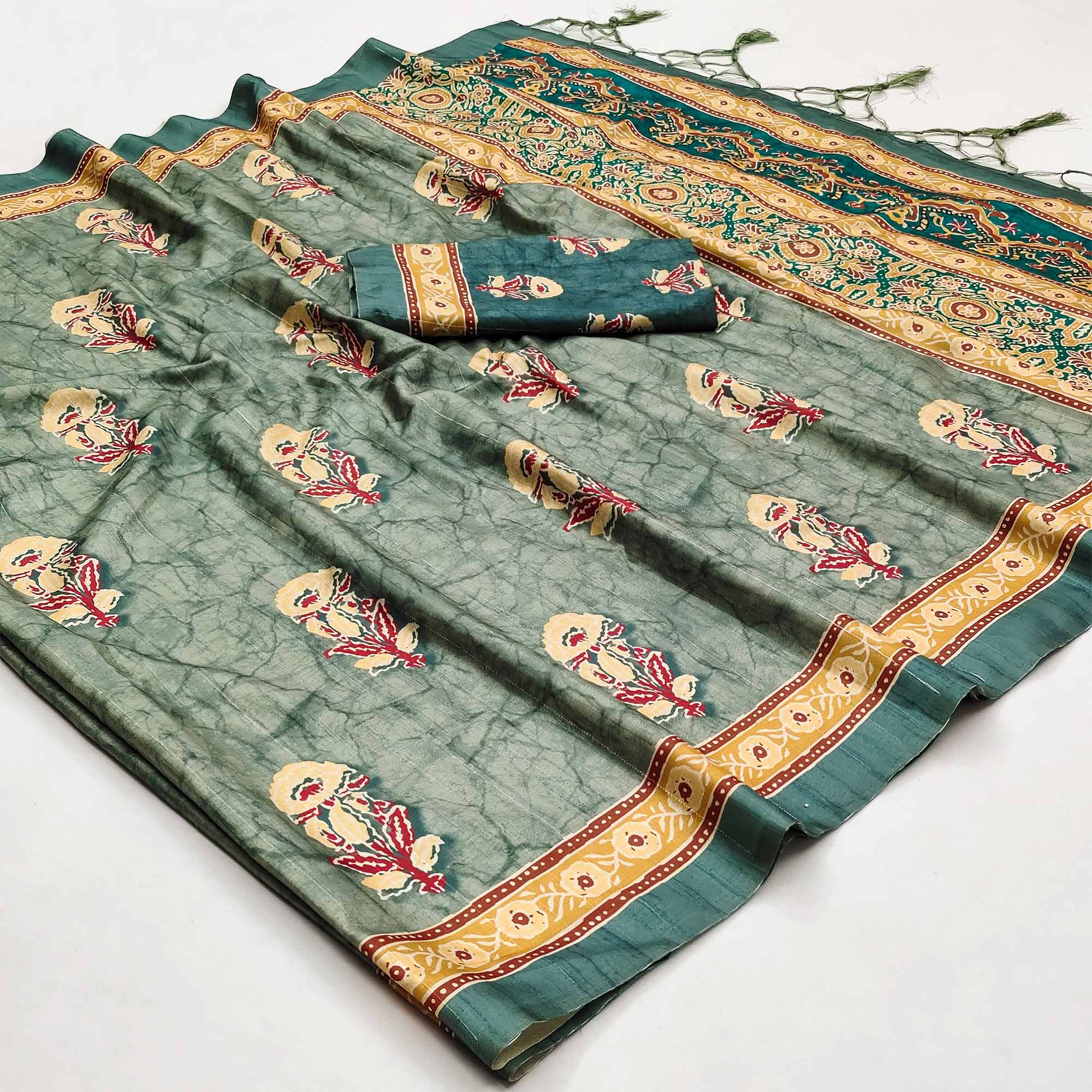 Grey Floral Digital Printed Tussar Silk Saree With Tassels