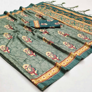 Grey Floral Digital Printed Tussar Silk Saree With Tassels