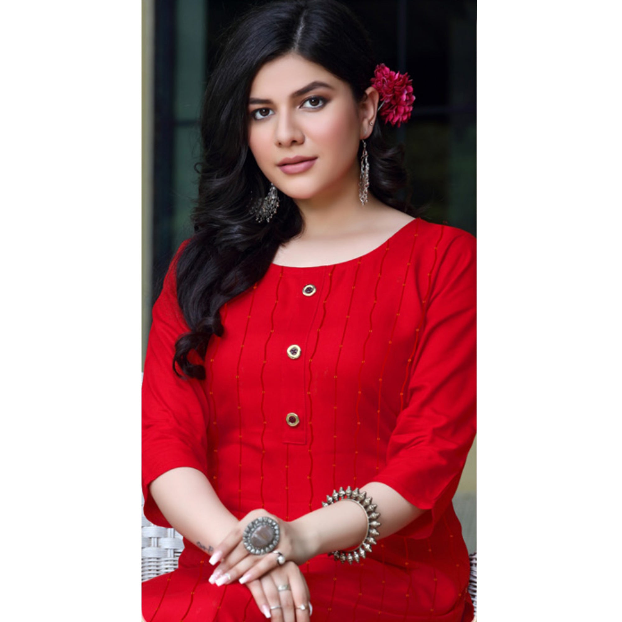 Red Embroidered Rayon Kurti