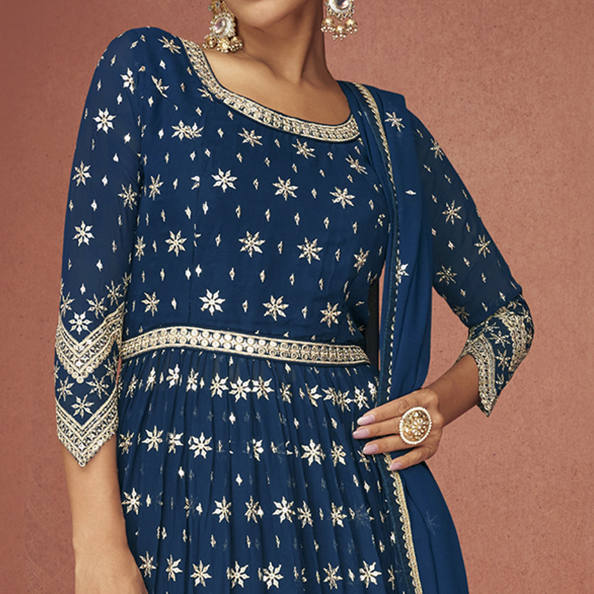 Blue Sequins Embroidered Georgette Semi Stitched Naira Cut Suit