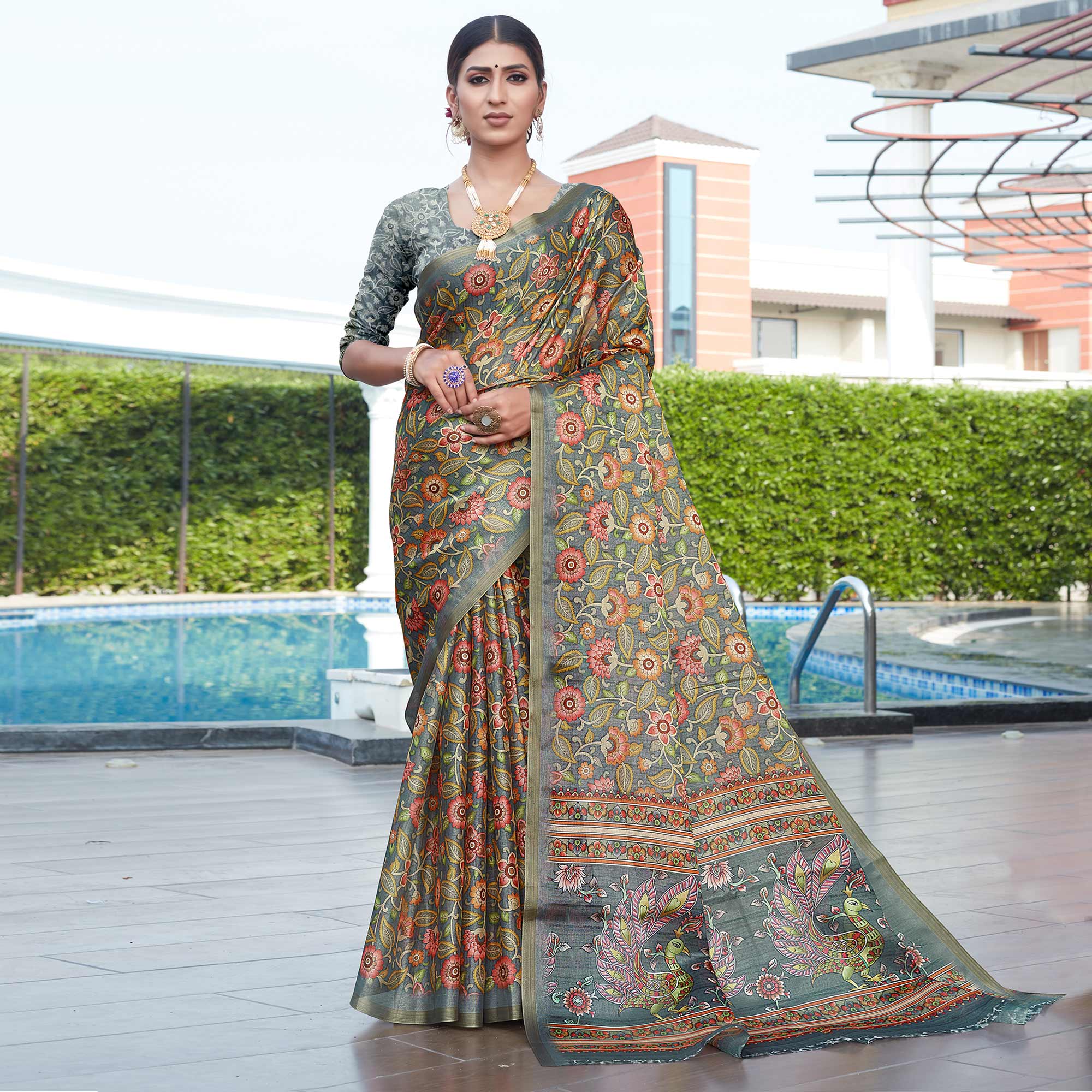 Grey Floral Digital Printed Cotton Silk Saree