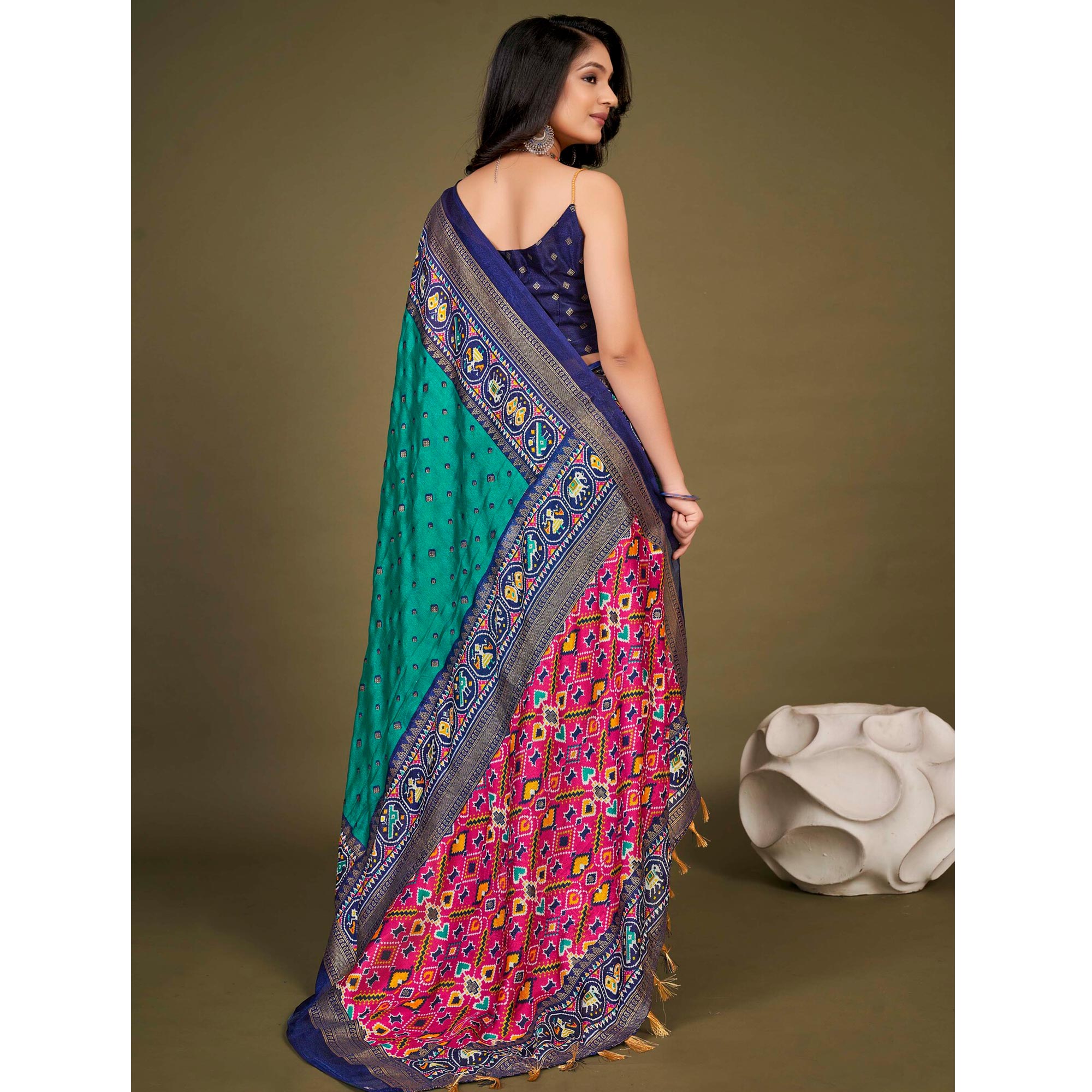 Blue Printed Jute Patola Saree With Tassels