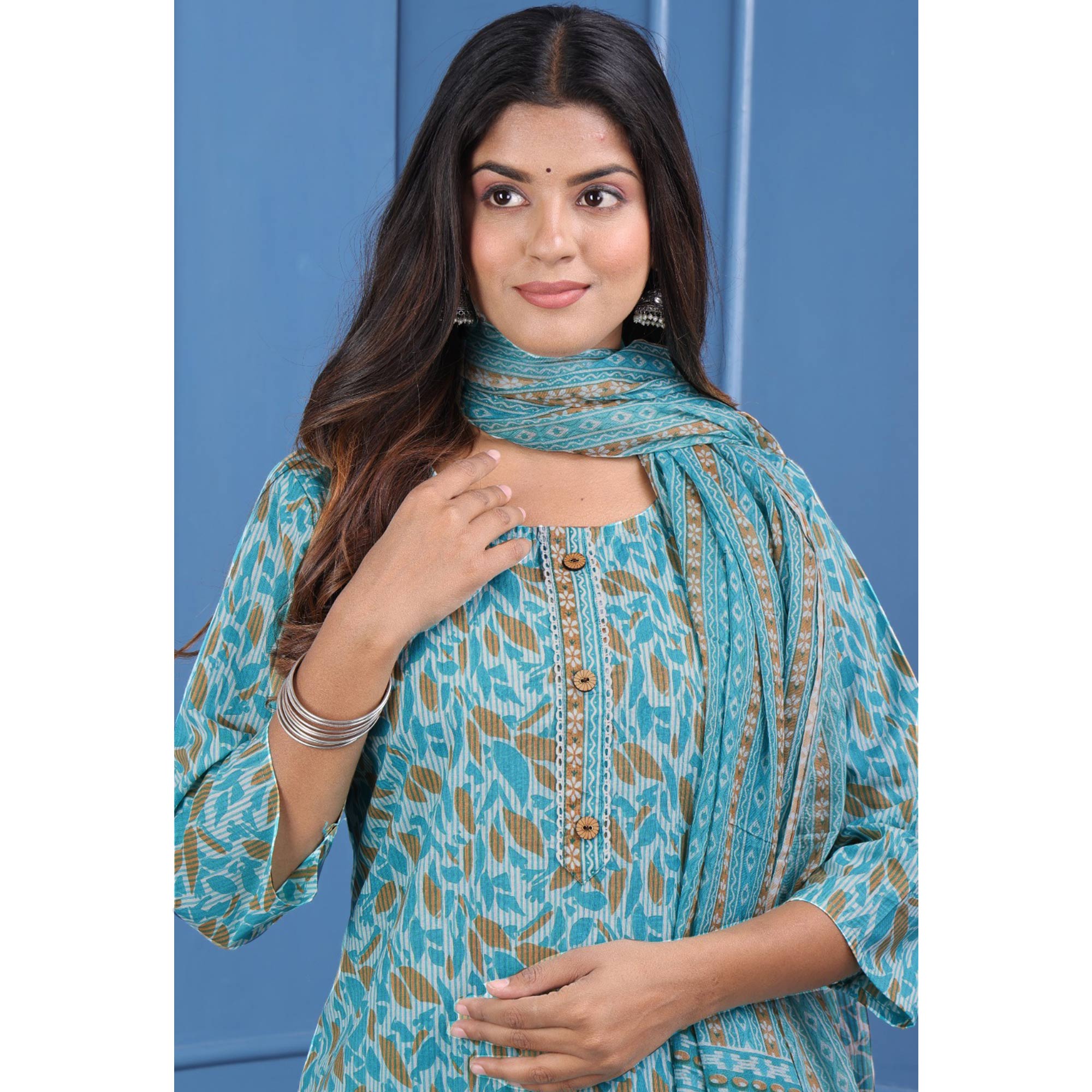 Turquoise Floral Printed Pure Cotton Suit