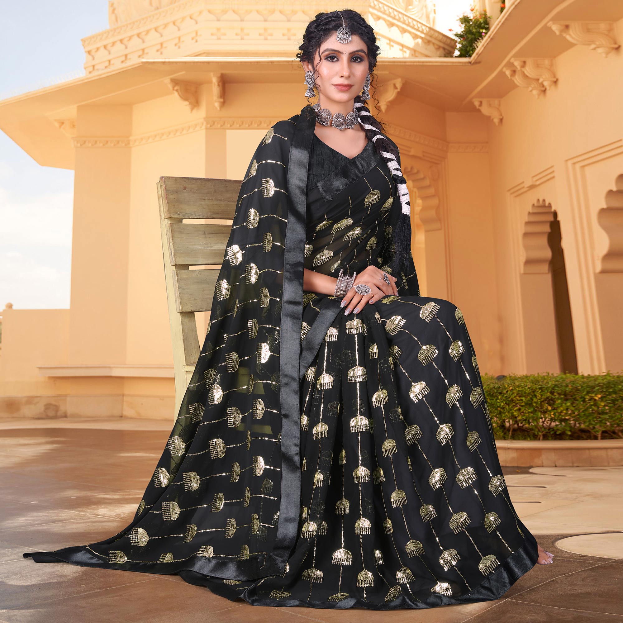 Black Sequins Embroidered Georgette Saree
