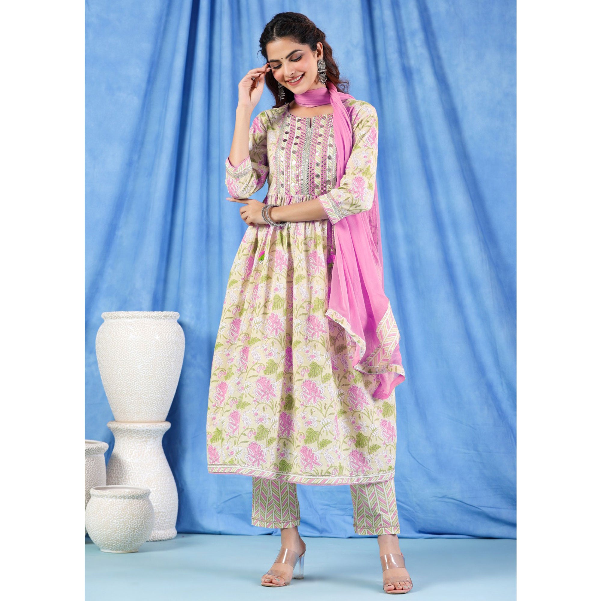 Yellow Pink Floral Printed Pure Cotton Naira Cut Suit