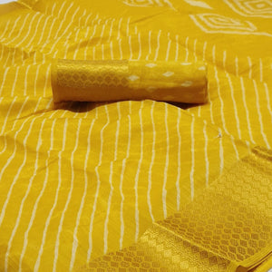 Yellow Striped Printed Linen Saree