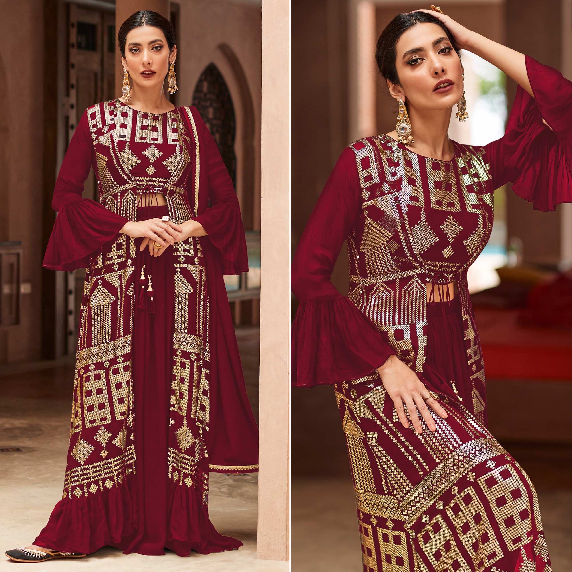 Maroon Sequins Embroidered Georgette Sharara Choli With Jacket