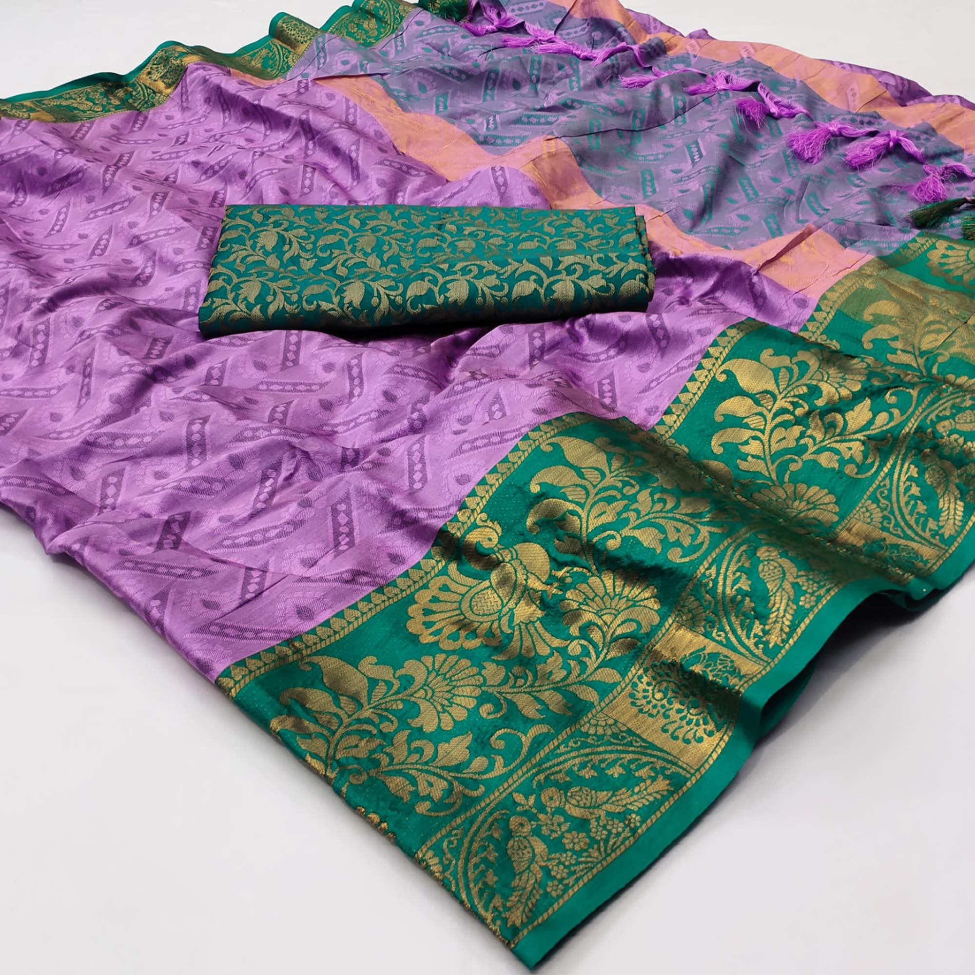 Lavender Woven Cotton Silk Saree With Tassels