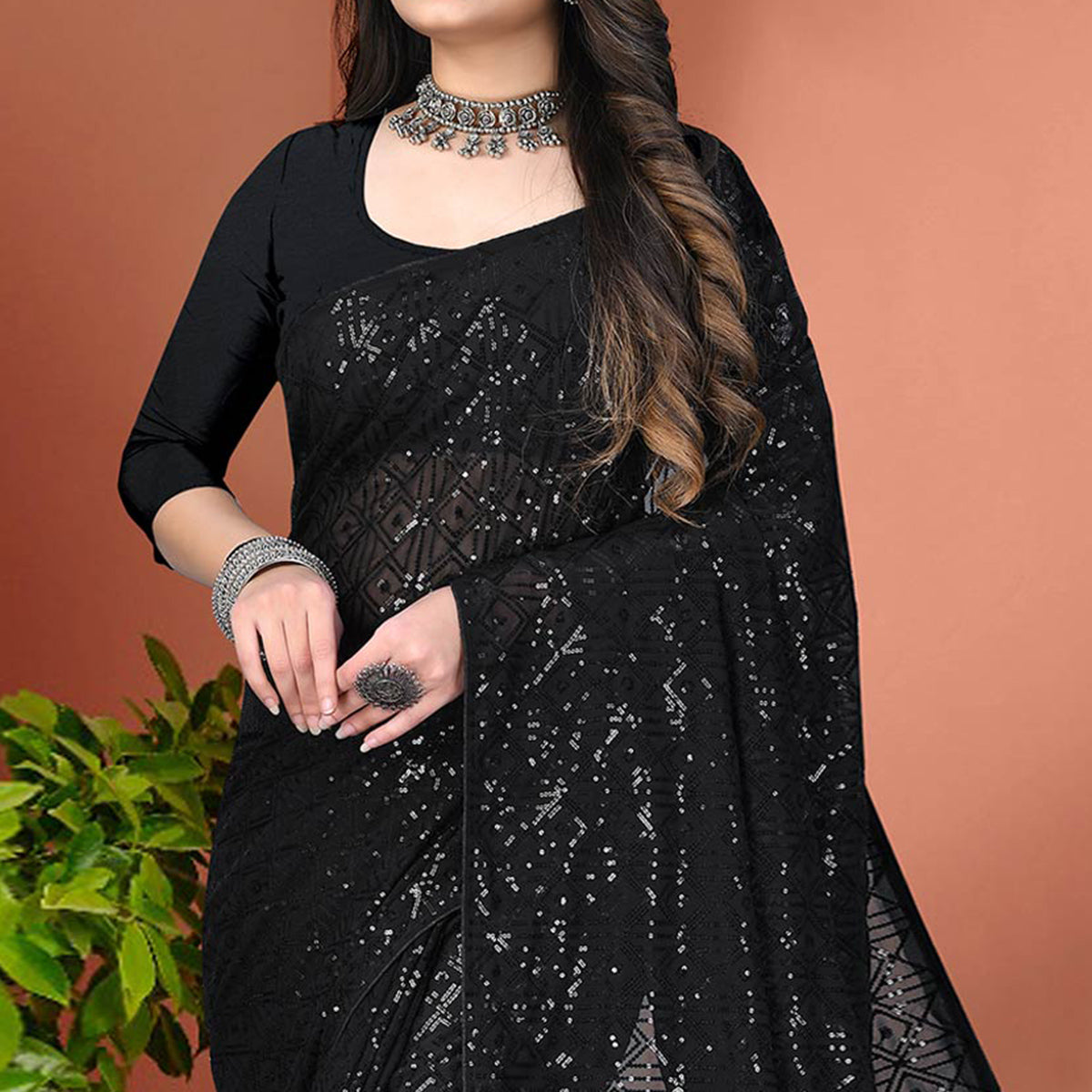 Black Sequins Embroidered Georgette Saree