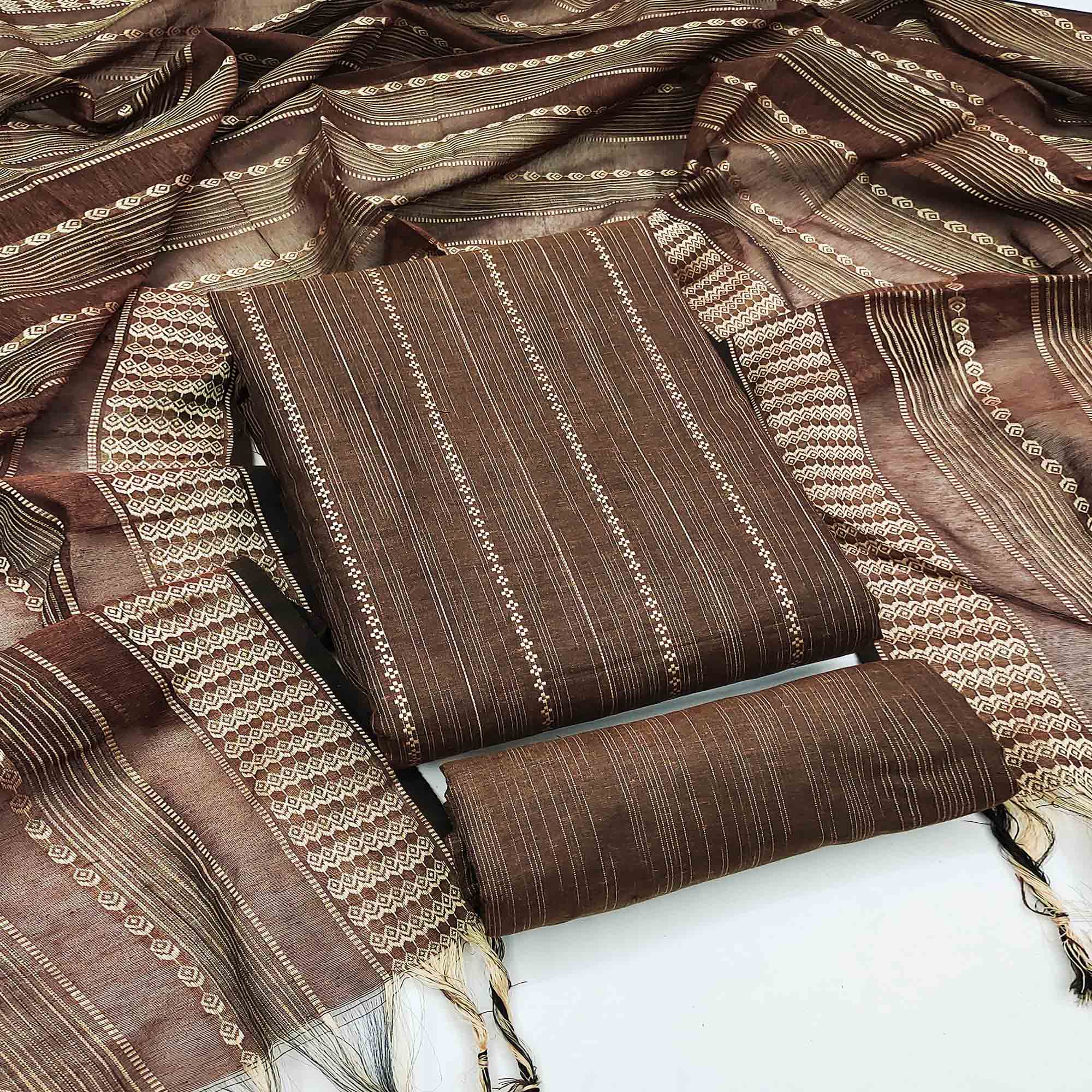 Coffee Brown Woven Cotton Blend Dress Material