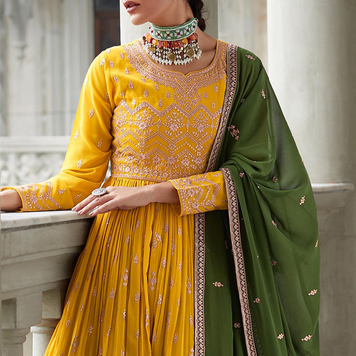 Yellow Floral Sequins Embroidered Georgette Sharara Suit