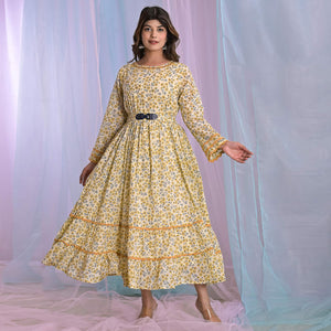 Yellow Floral Printed Pure Cotton Dress With Belt