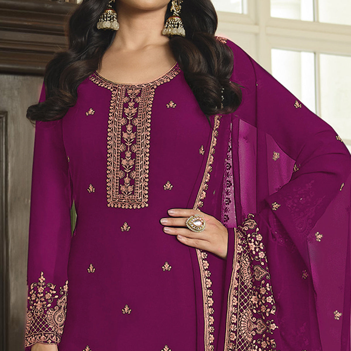 Purple Floral Embroidered Georgette Sharara Suit