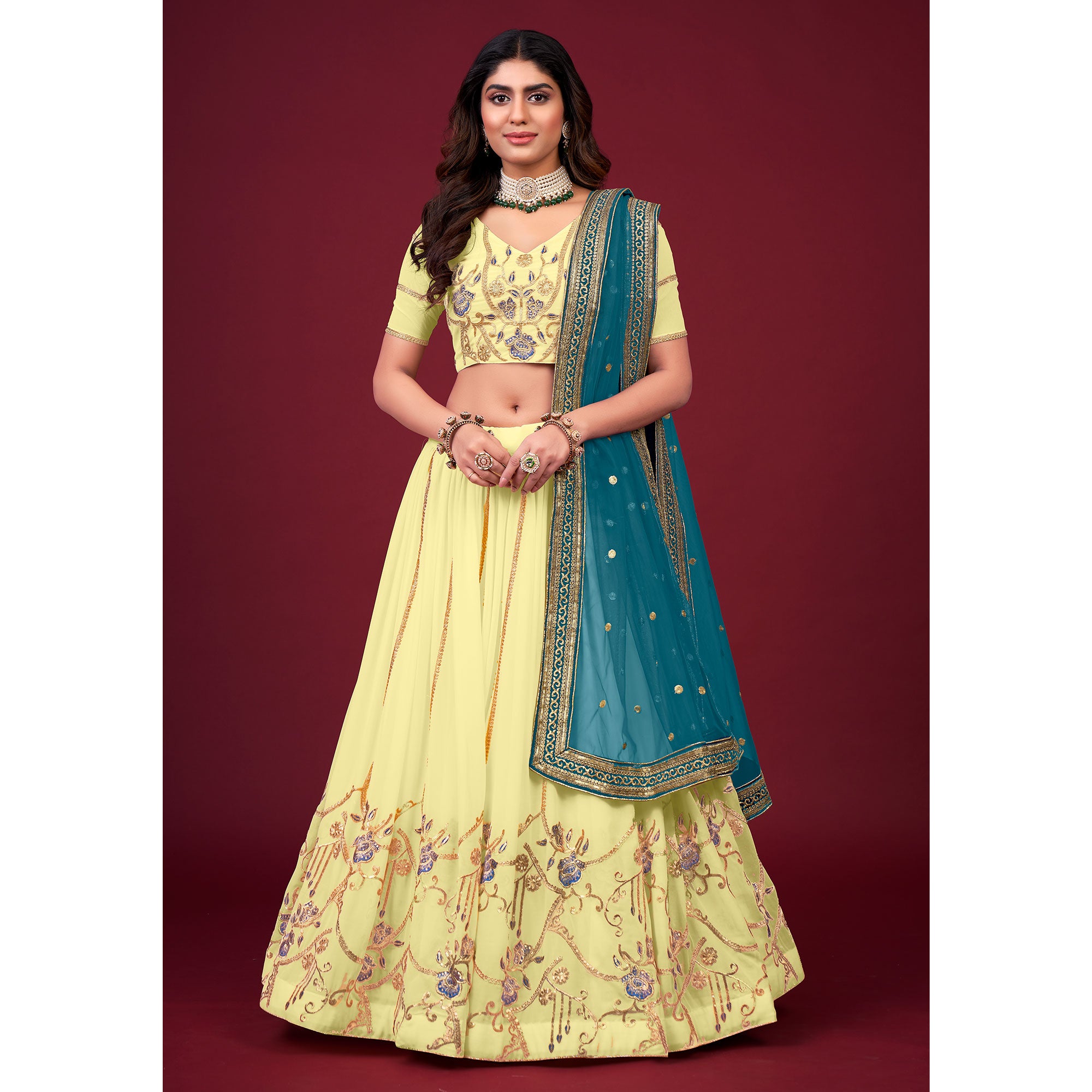 Yellow Embroidered Georgette Lehenga Choli