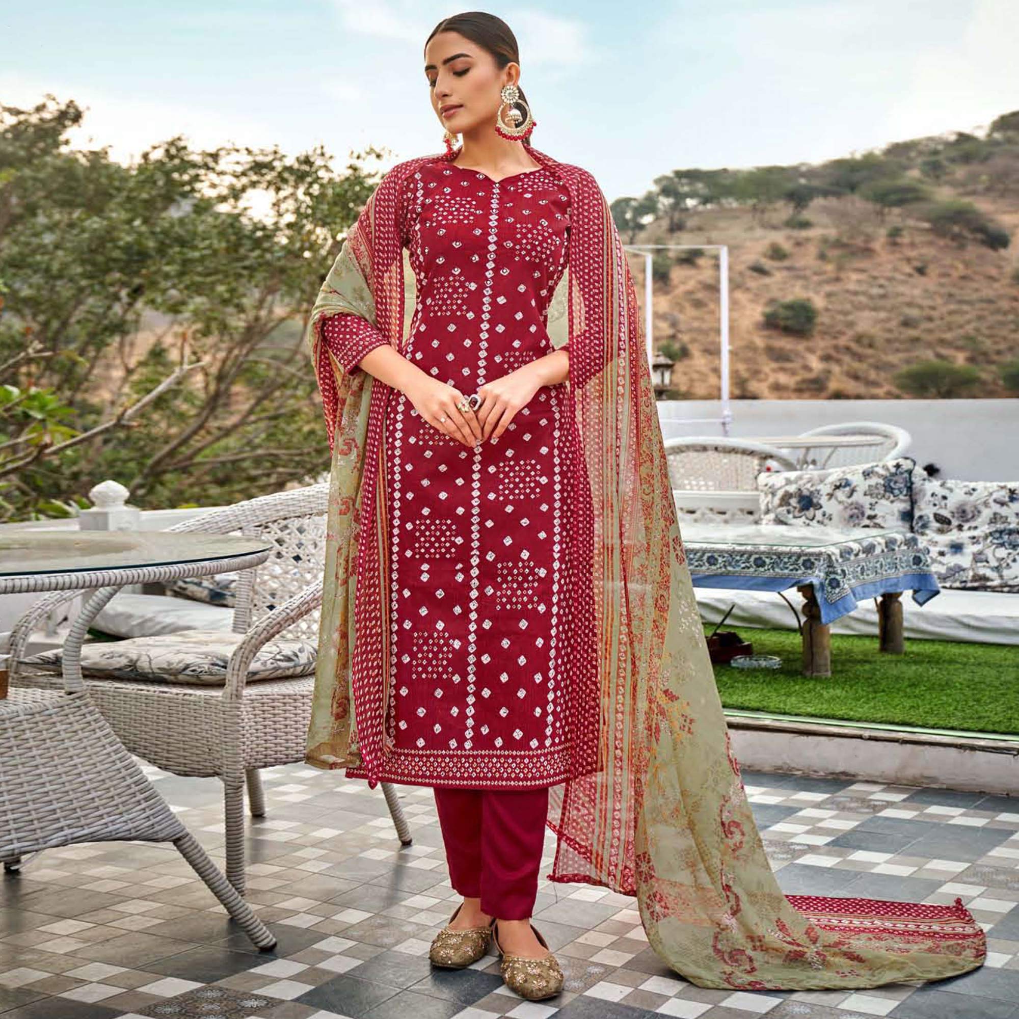 Red Bandhani Printed Pure Cotton Salwar Suit