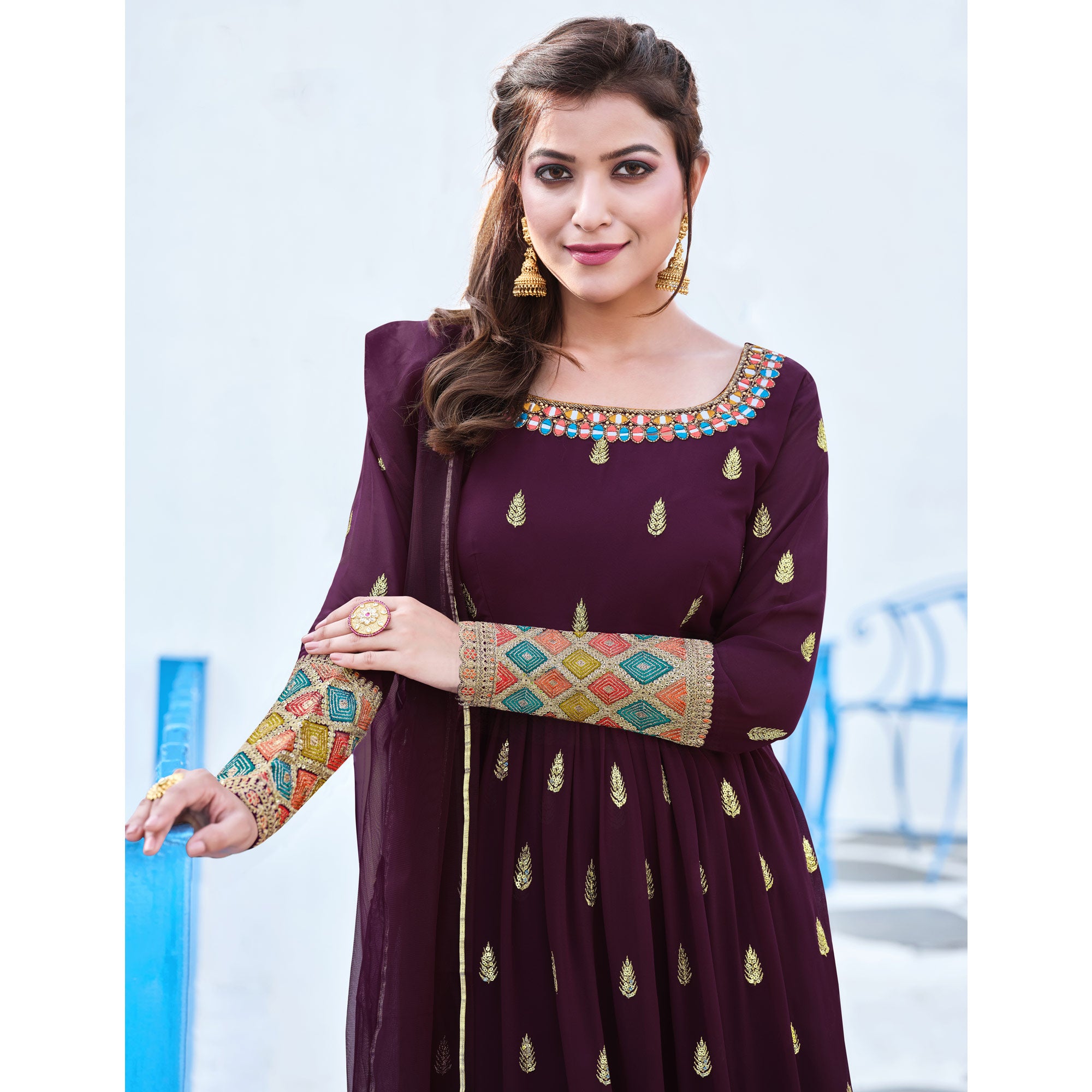 Wine Sequins Embroidered Georgette Naira Cut Suit