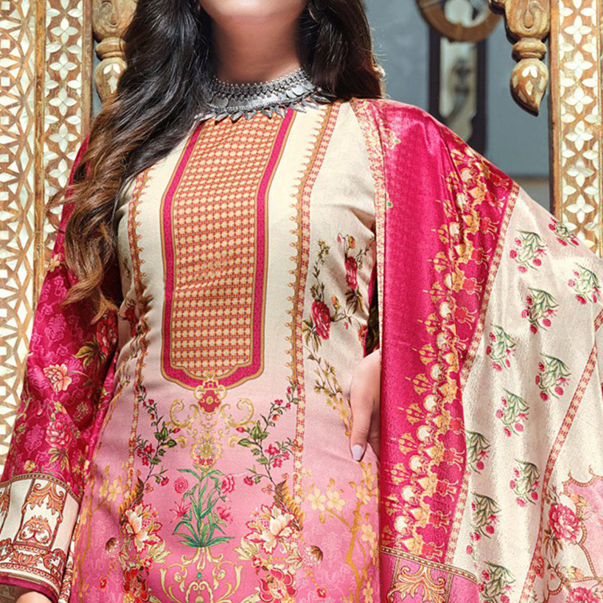 Pink And Cream Digital Printed With Daman Embroidered Pure Cotton Pakistani Suit