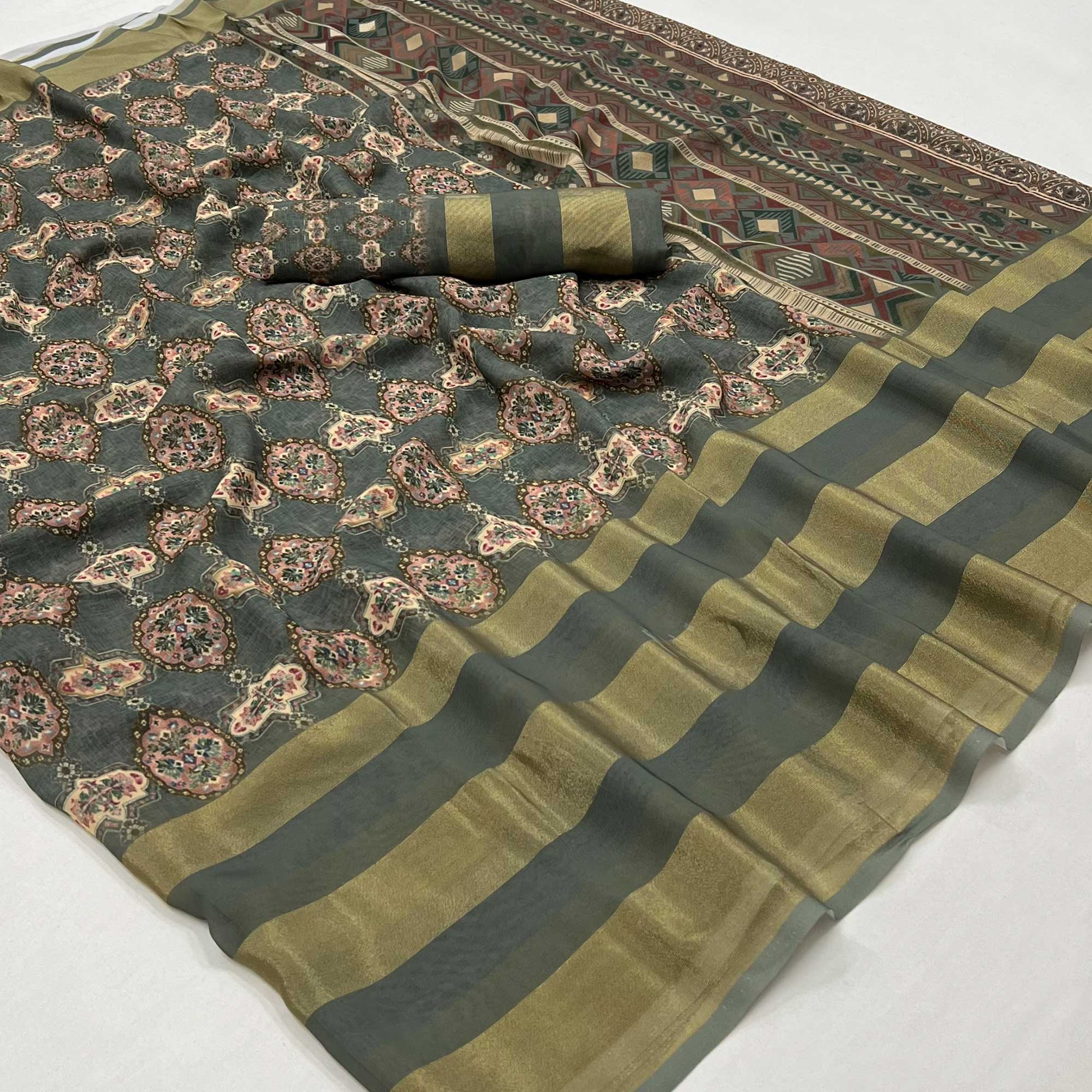 Grey Digital Floral Printed Viscose Saree