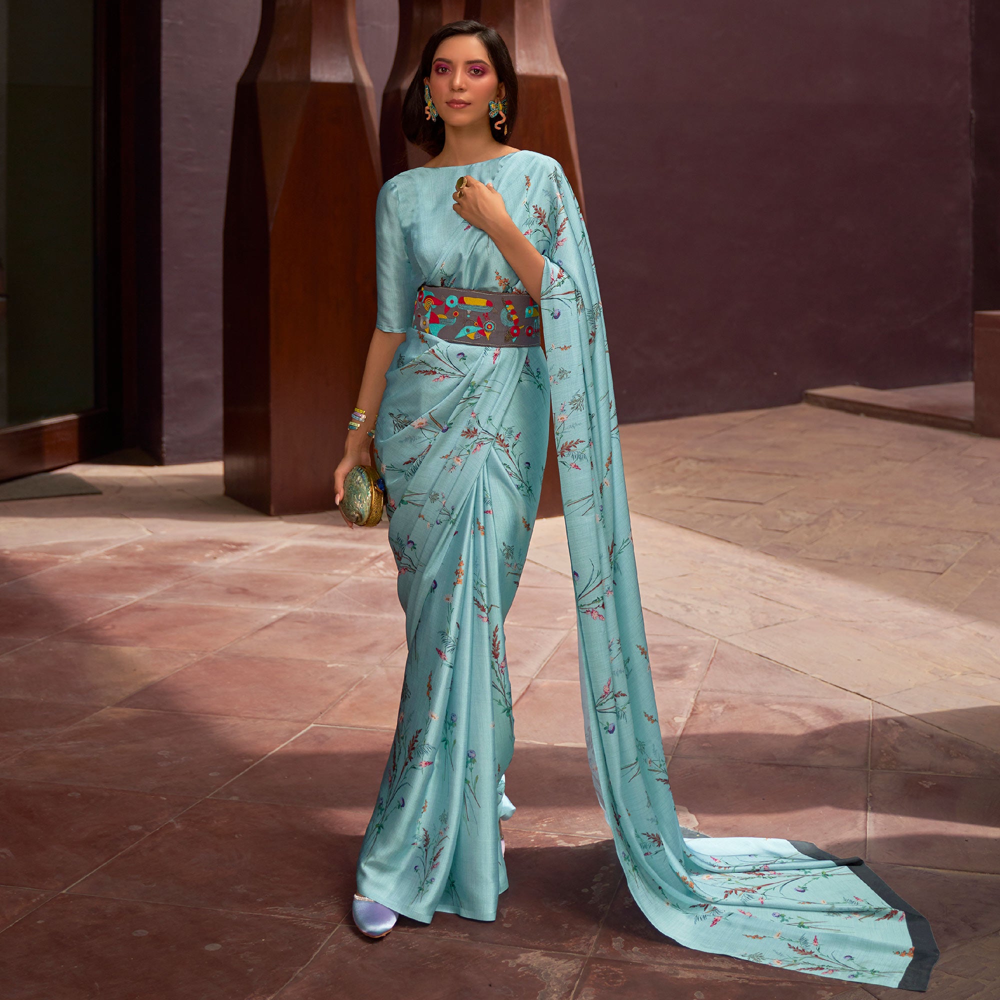 Blue Floral Digital Printed Satin Saree