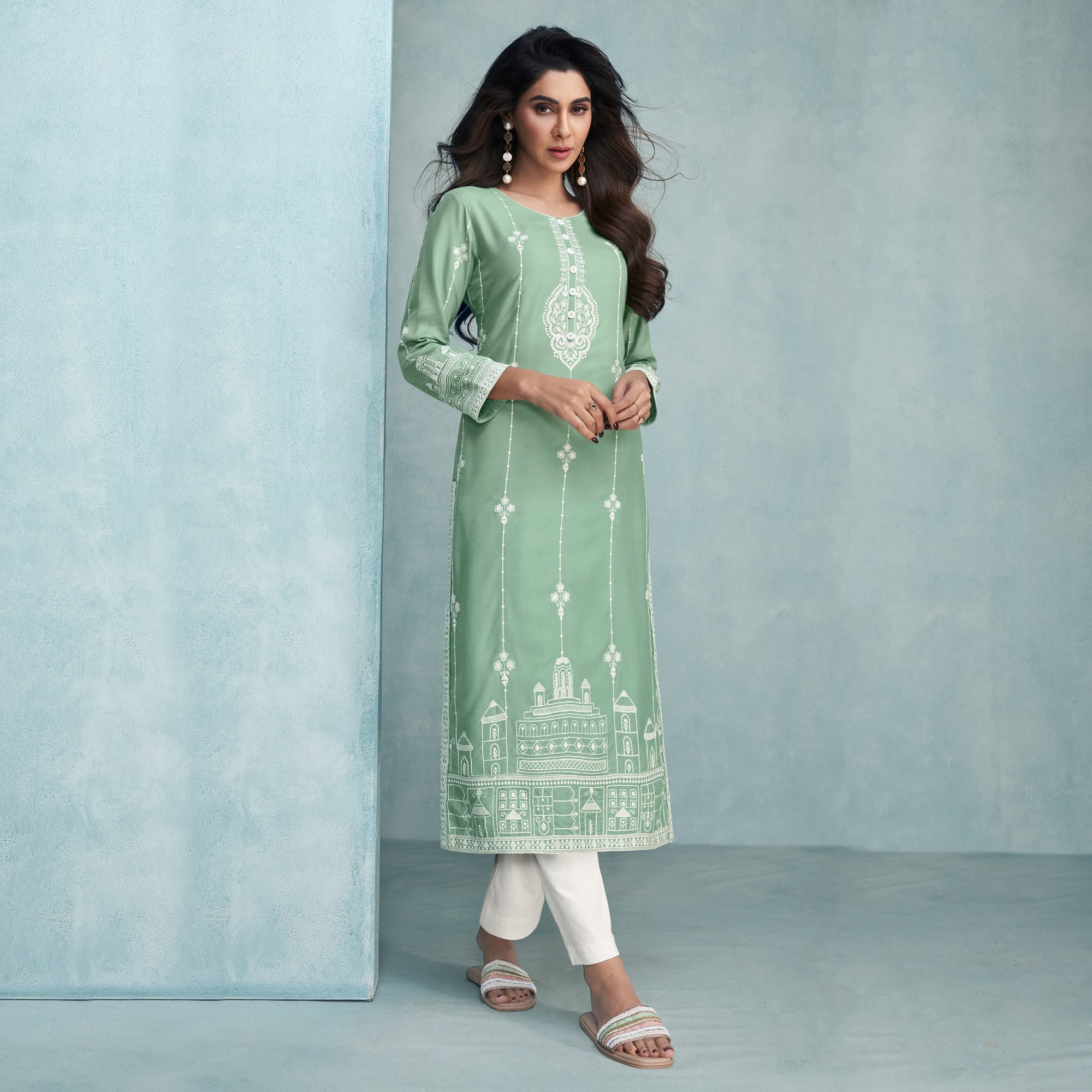 Sea Green Lucknowi Embroidered Rayon Kurti