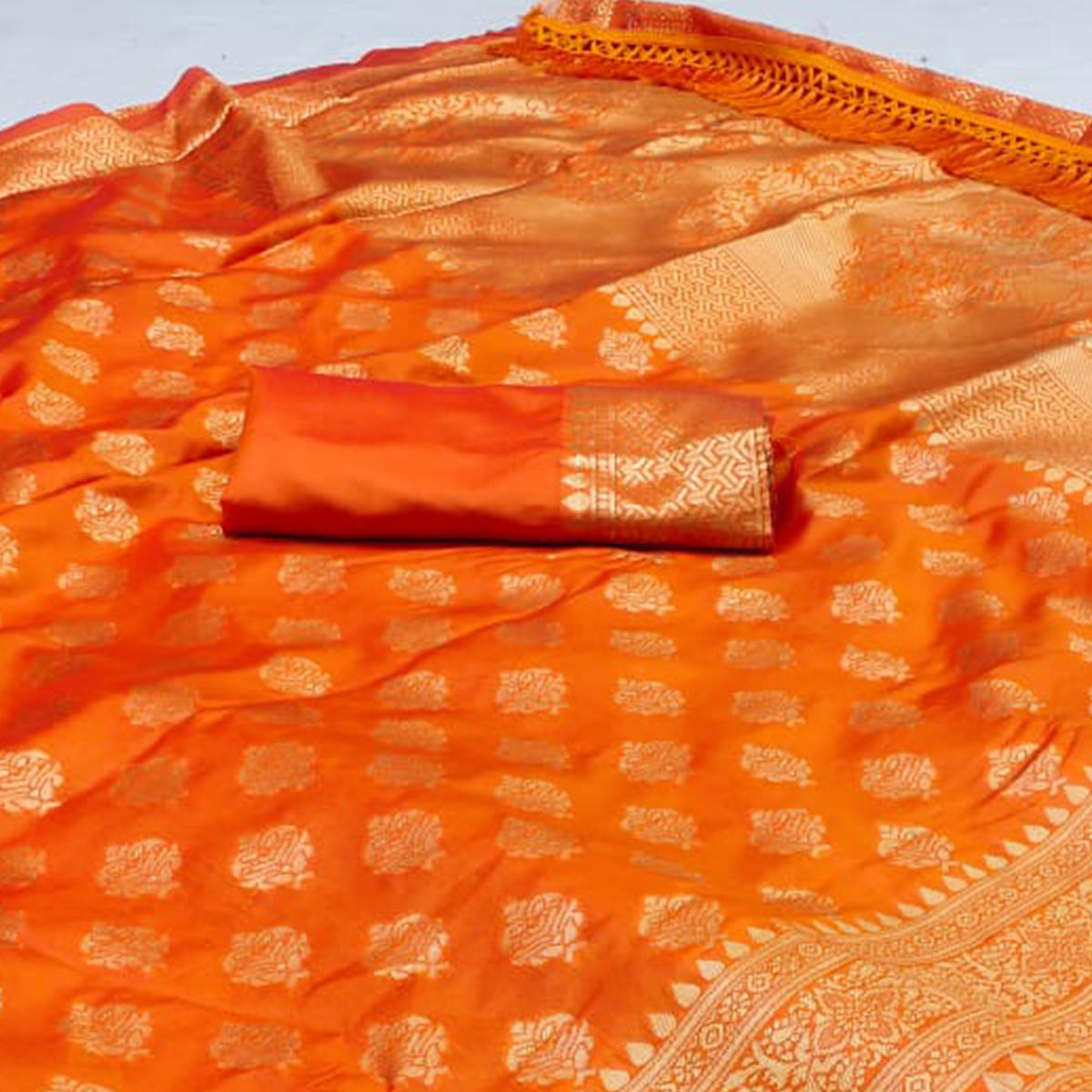 Orange Woven Jacquard Saree With Tassels