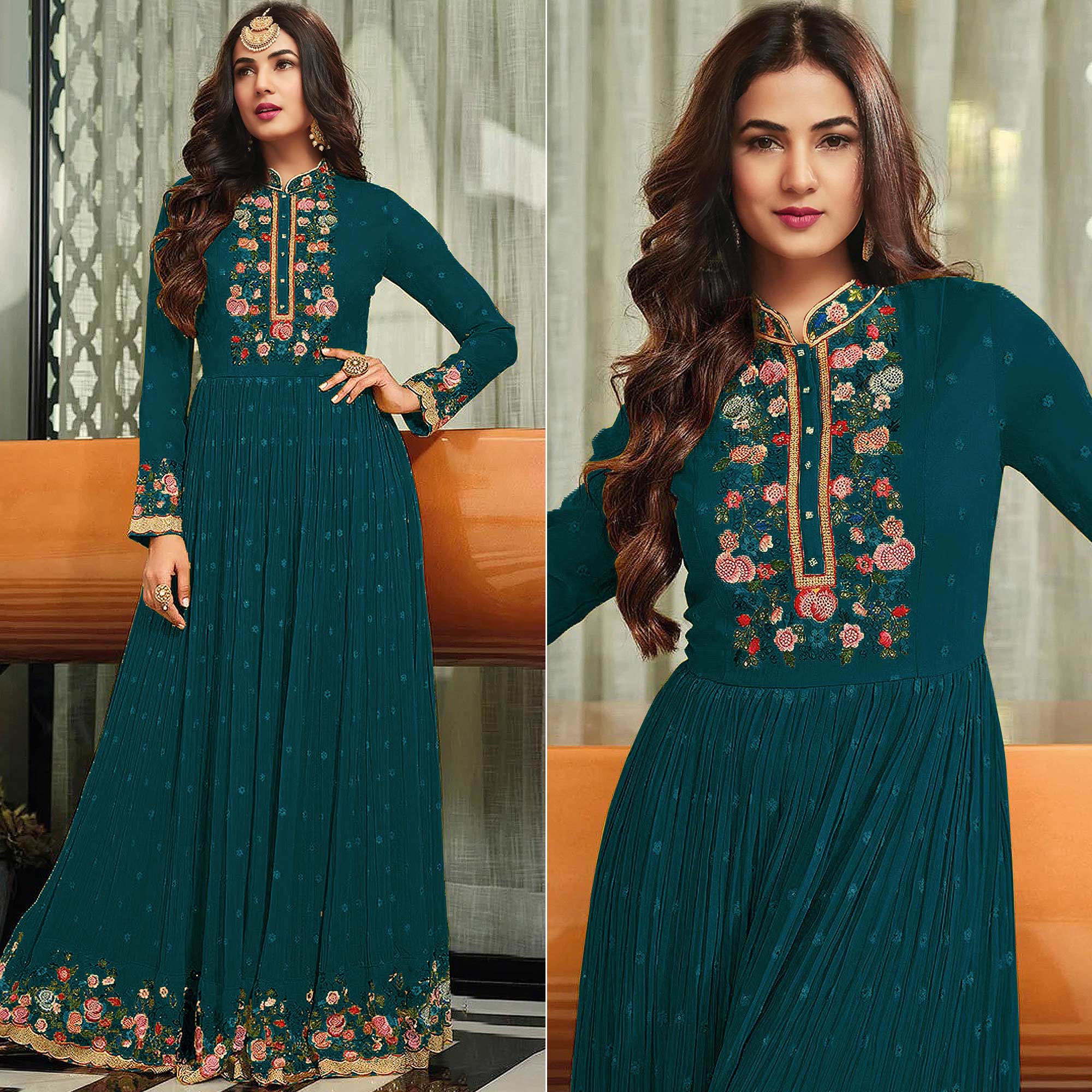 Rama Green Embroidered Georgette Gown