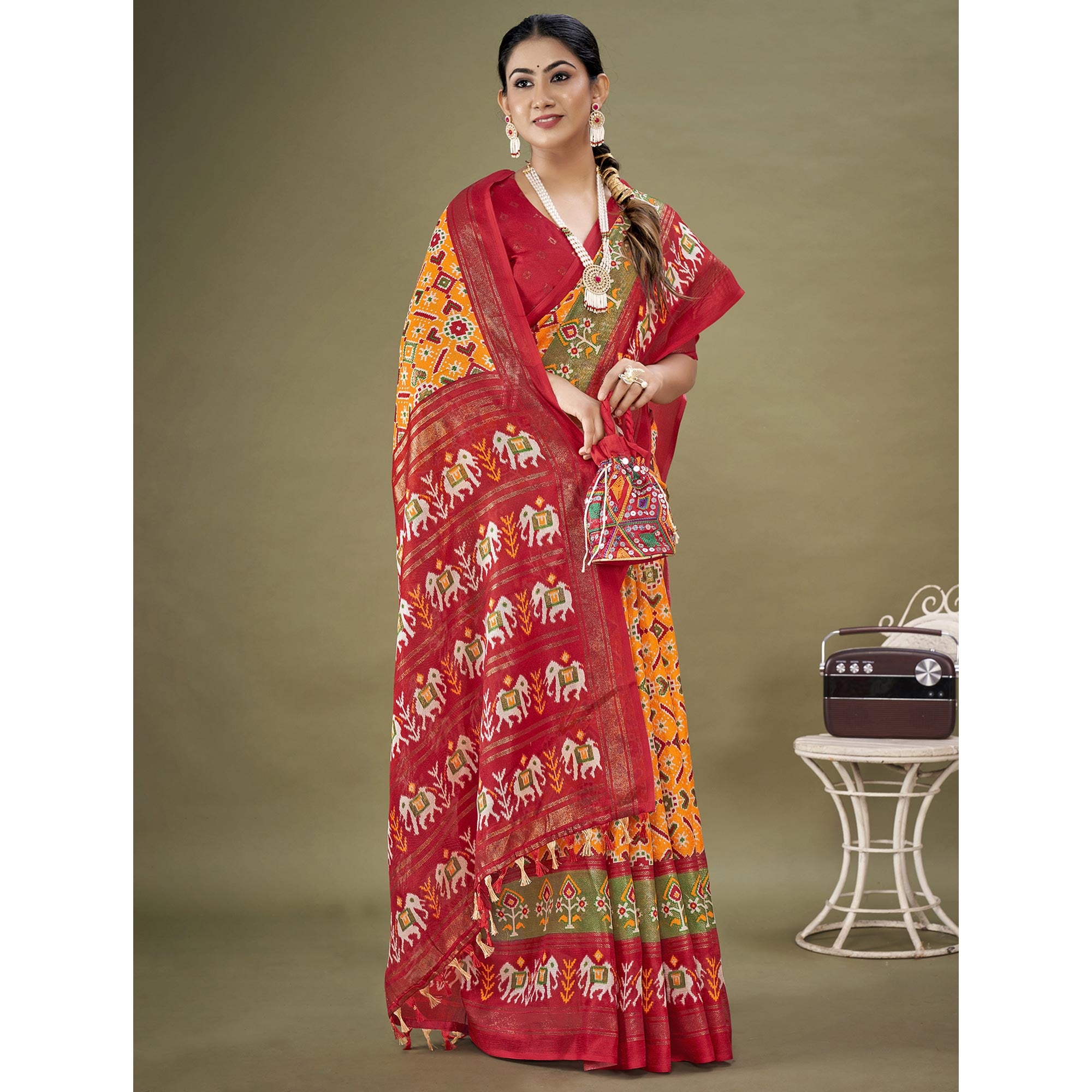 Orange Printed Jute Patola Saree