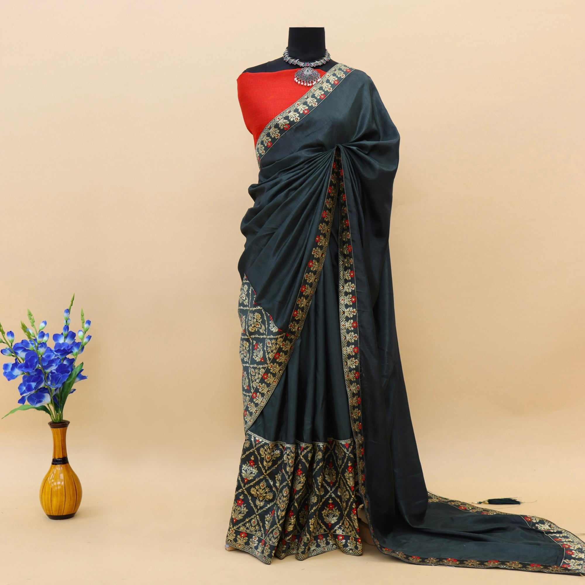 Dark Blue Woven With Stone Work Art Silk Saree