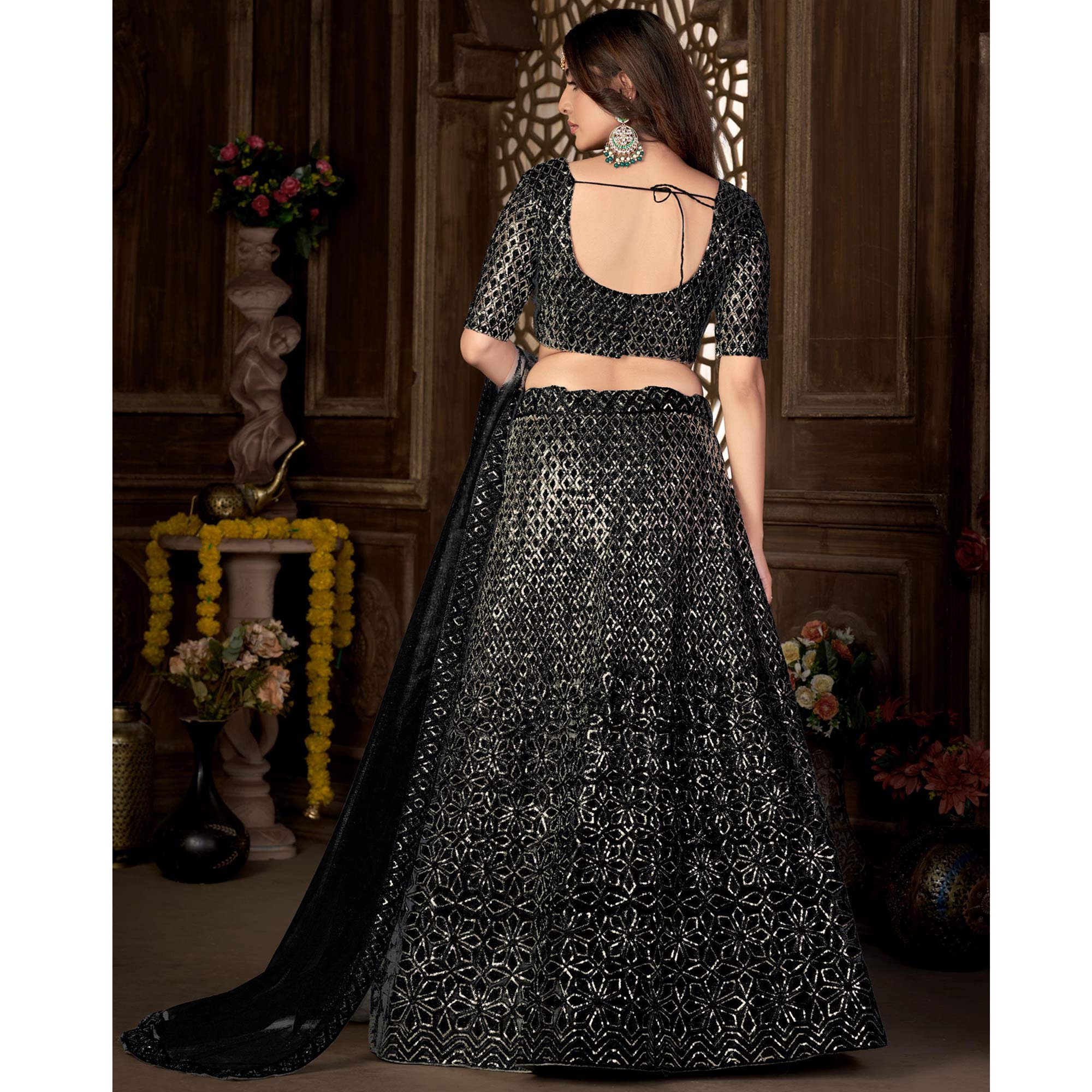 Black Sequins Embroidered Net Lehenga Choli