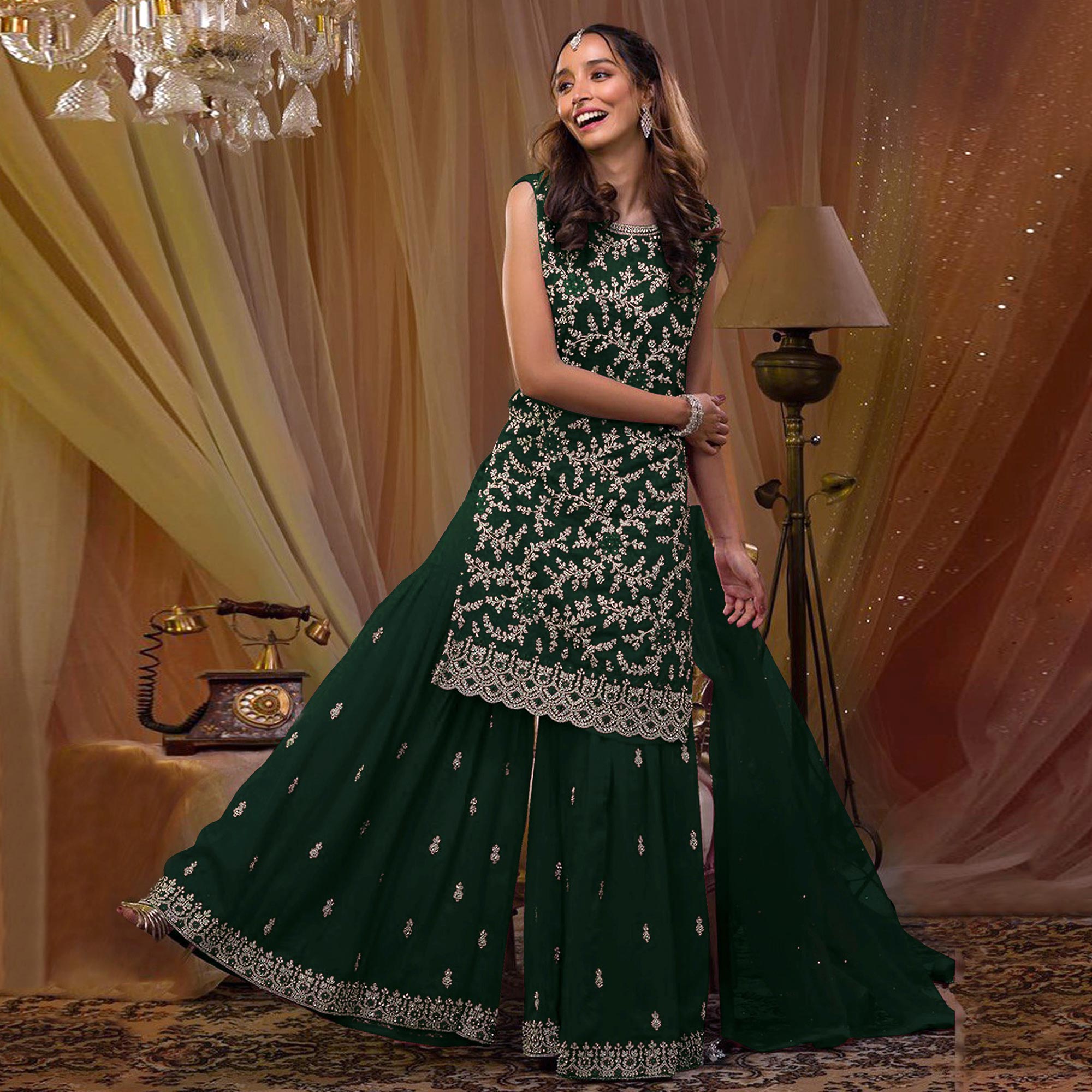 Dark Green Floral Embroidered Georgette Sharara Suit