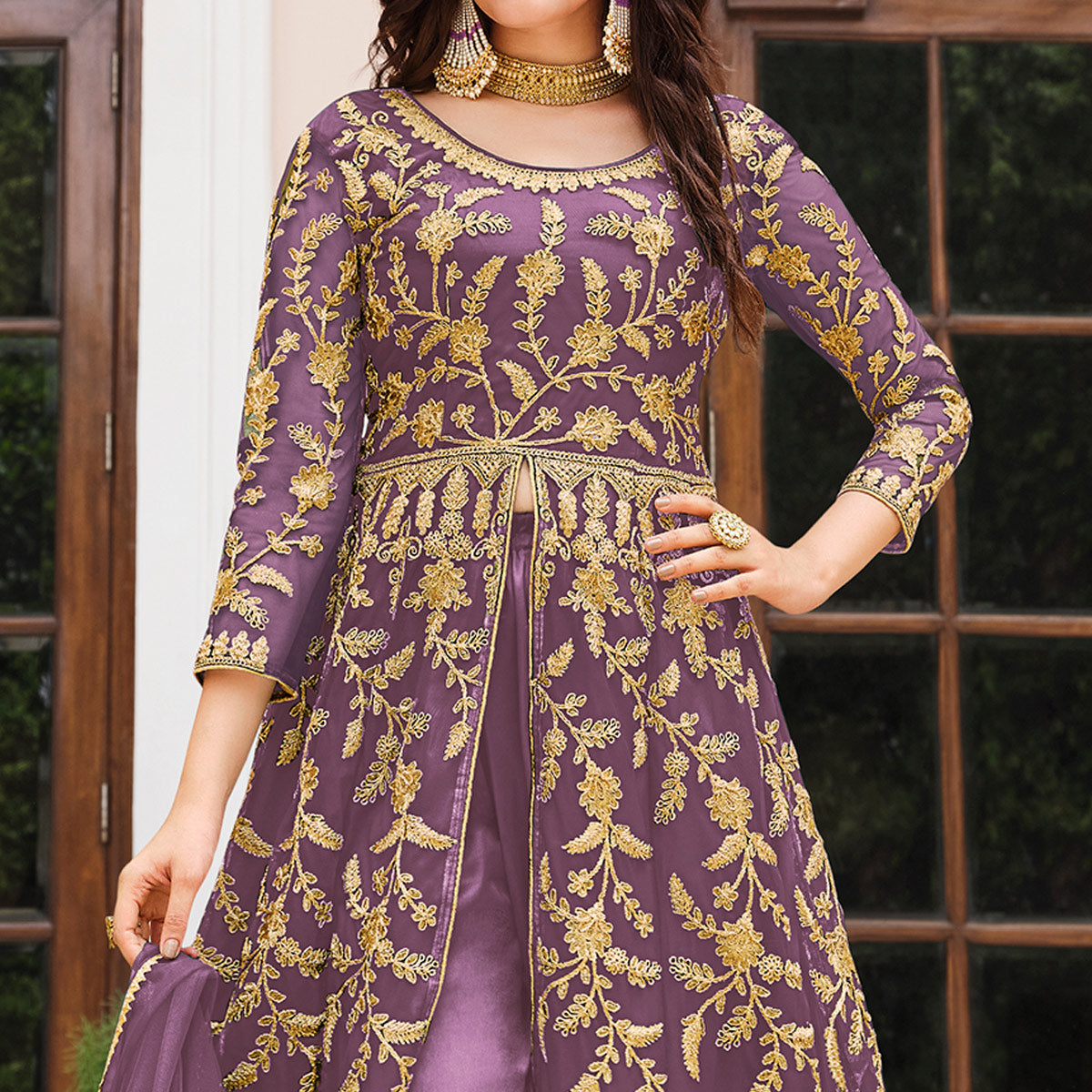 Light Purple Floral Embroidered Net Suit