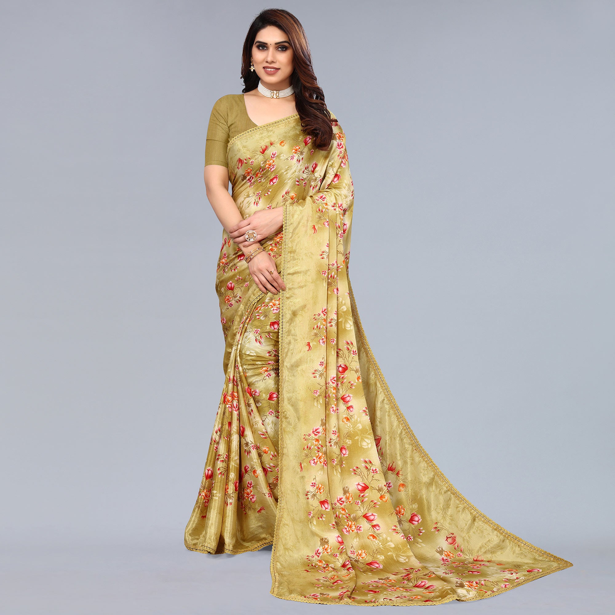 Mustard Floral Printed Art Silk Saree With Crochet Border