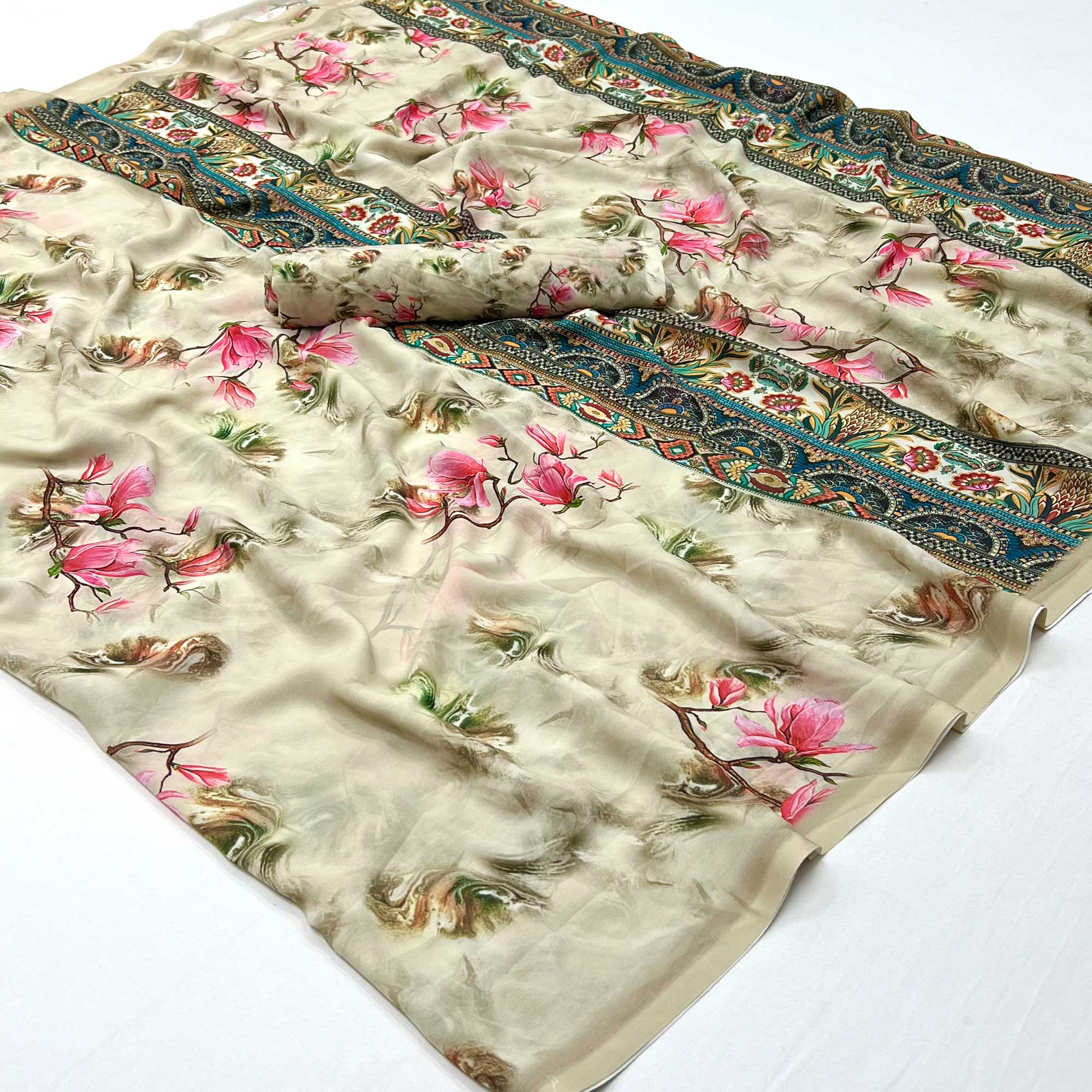 Light Grey Floral Digital Printed Georgette Saree