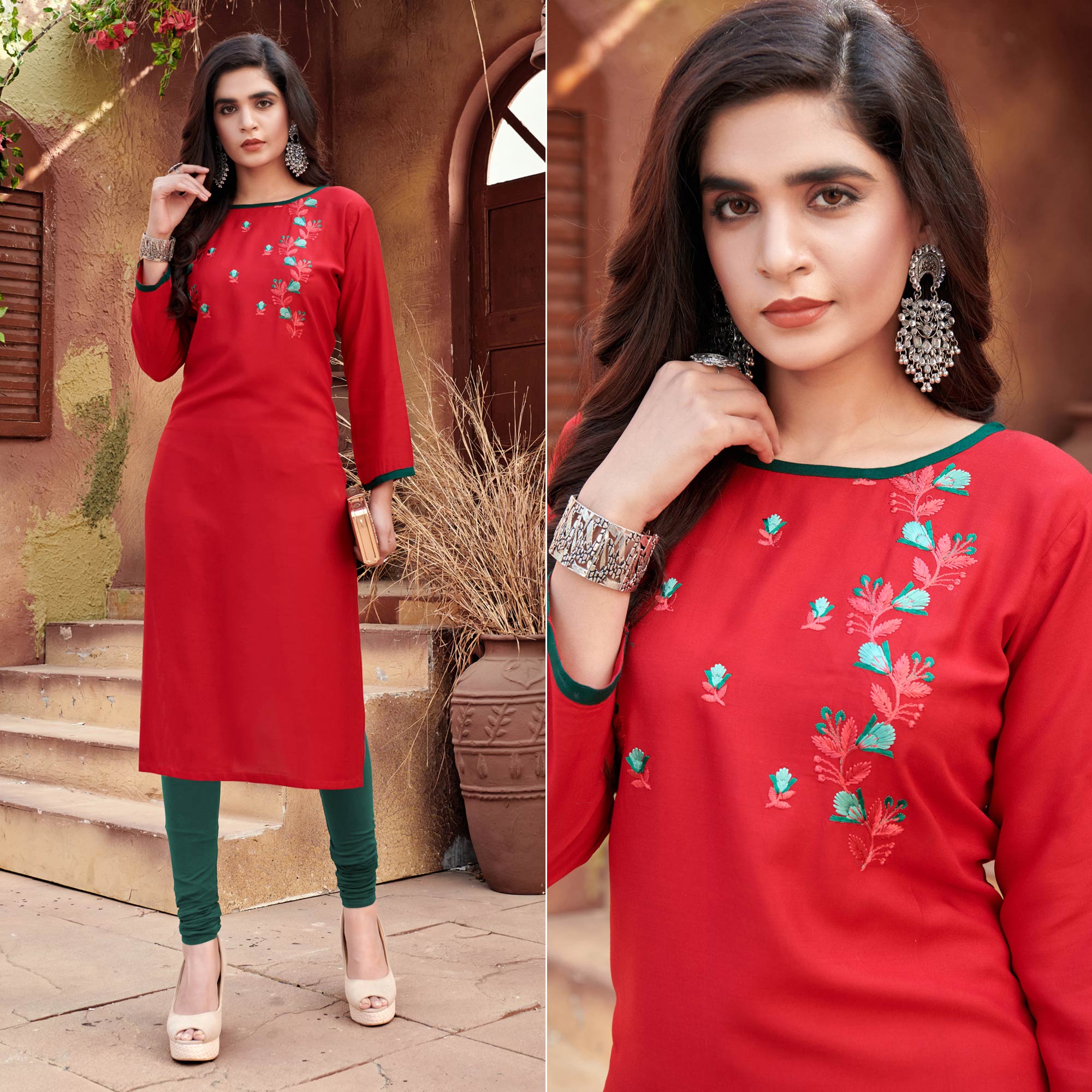 Red Floral Embroidered Rayon Kurti