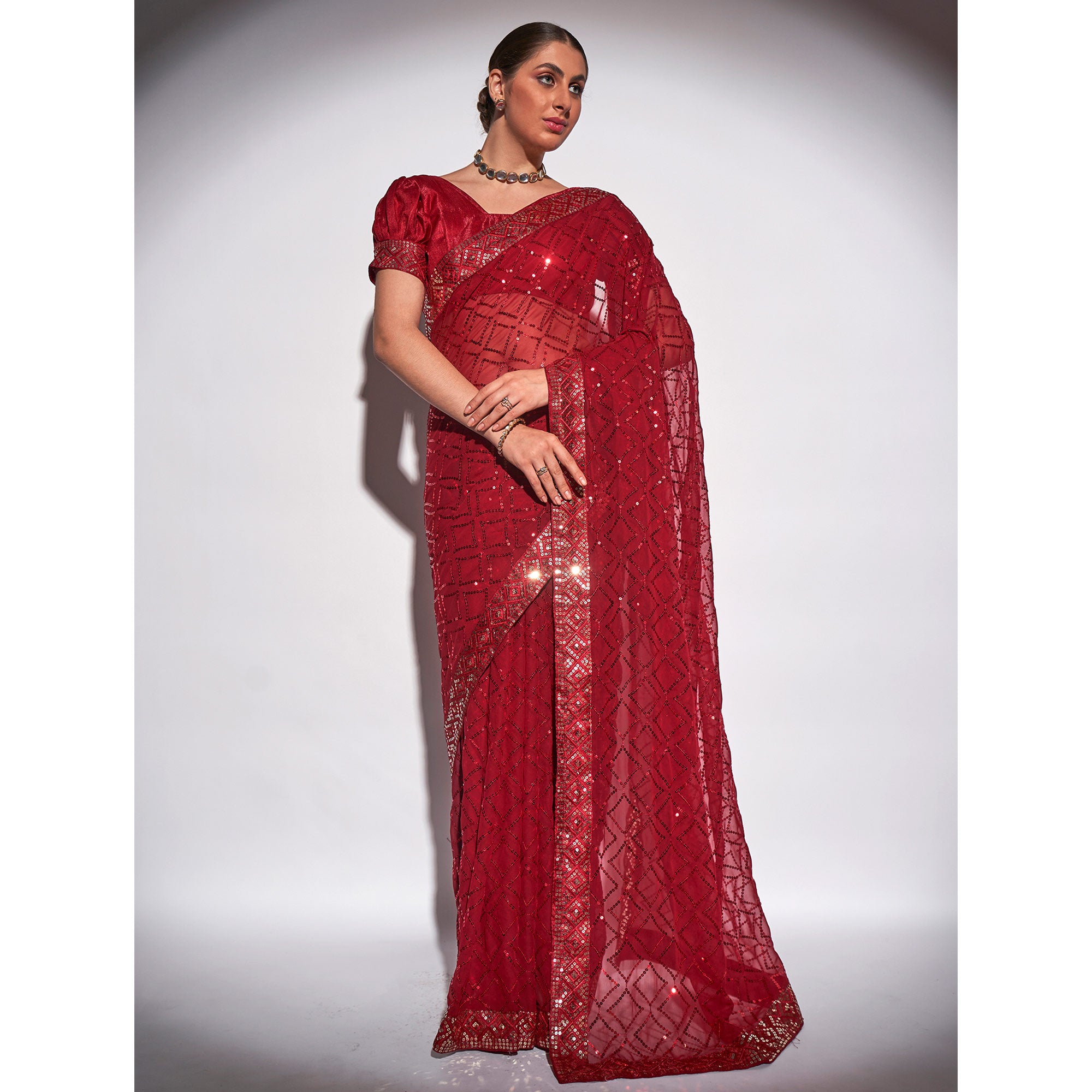 Red Sequins Embroidered Georgette Saree