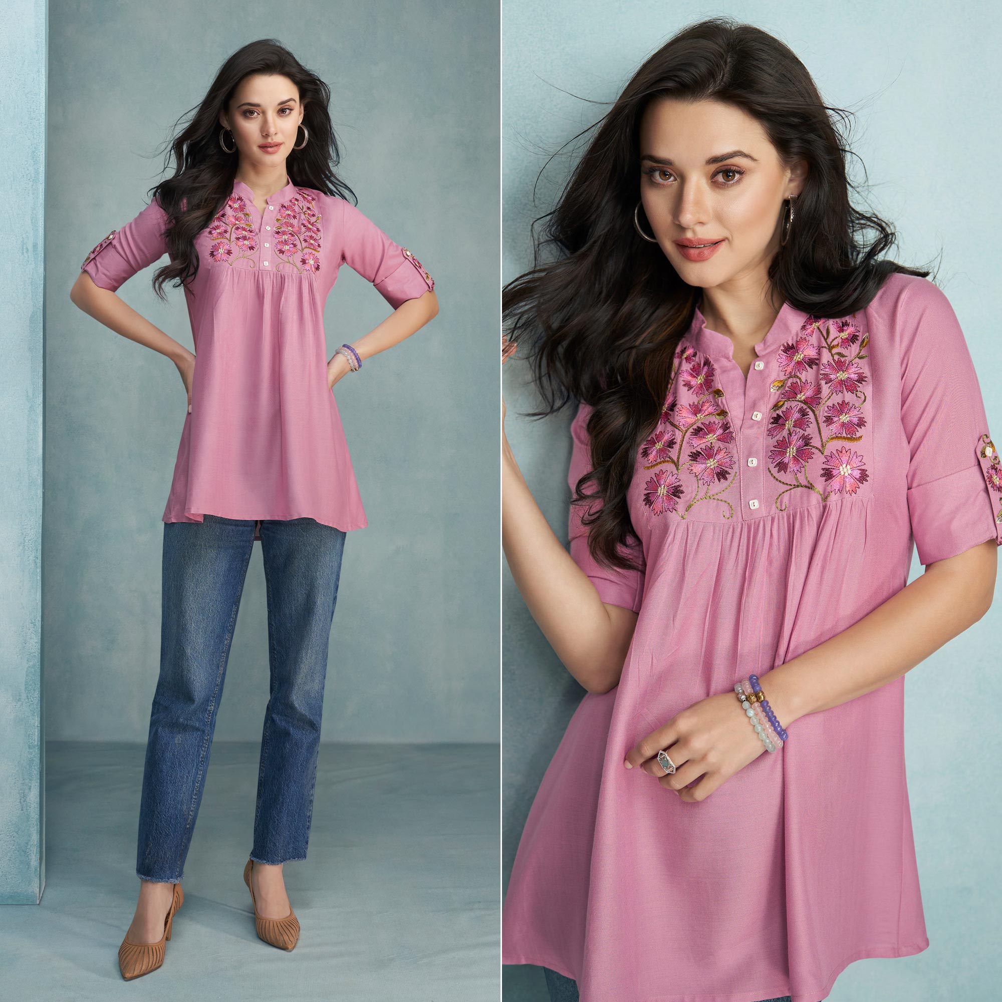 Pink Floral Embroidered Rayon Top