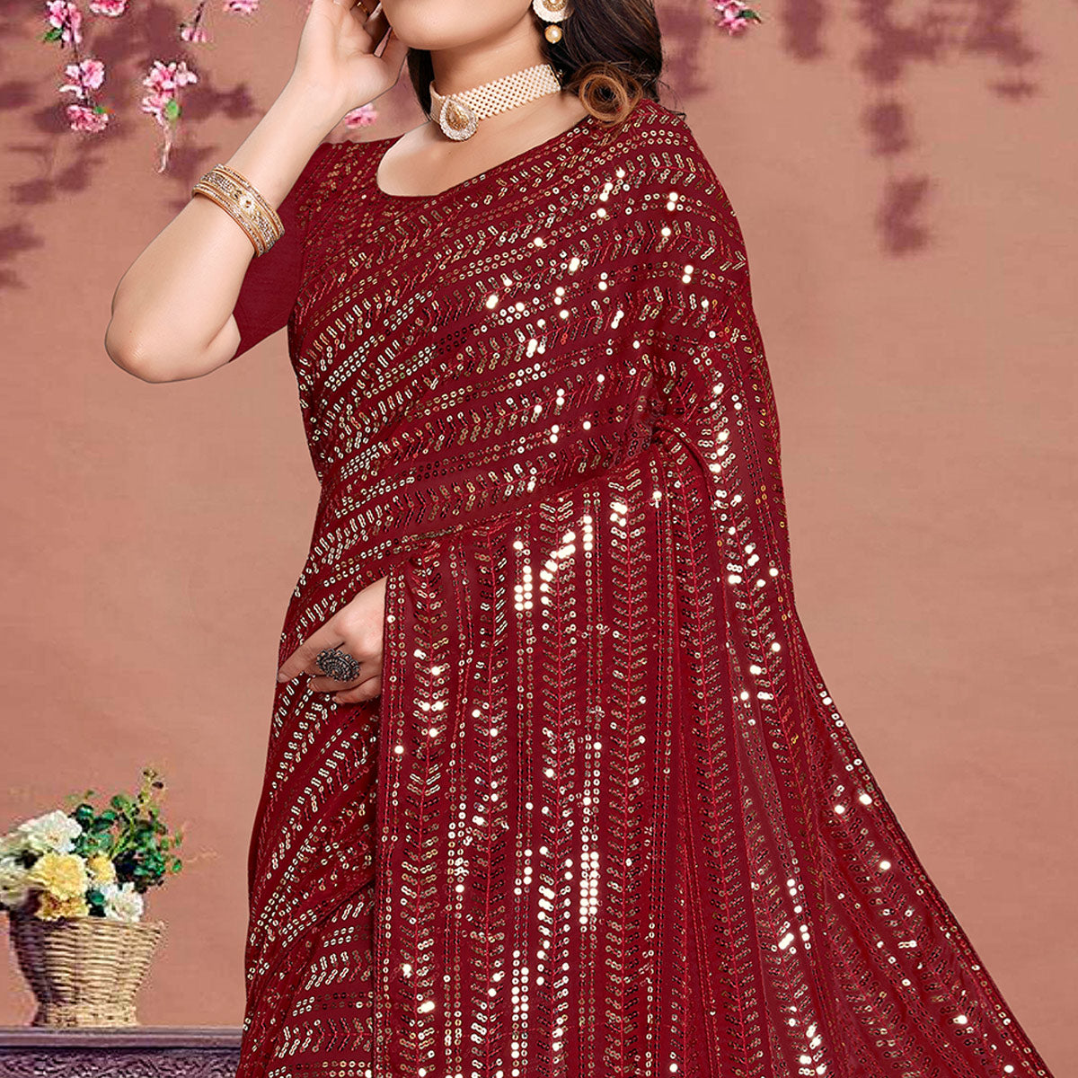 Maroon Sequins Emroidered Georgette Saree