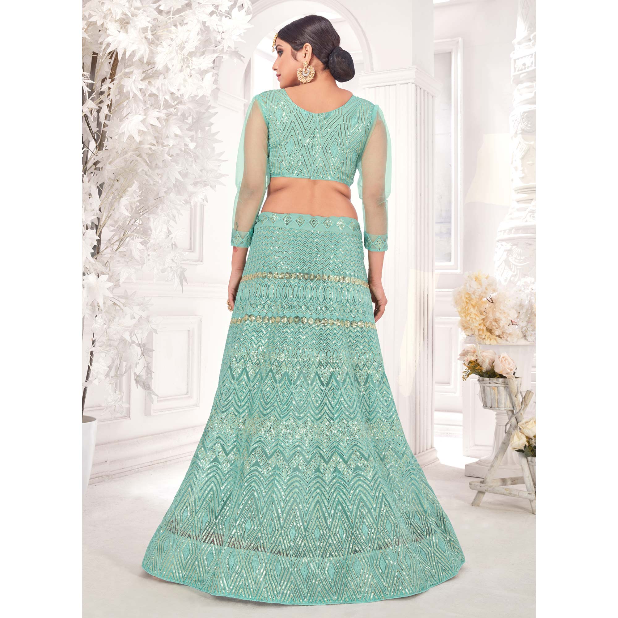 Sea Green Sequins Embroidered Netted Lehenga Choli