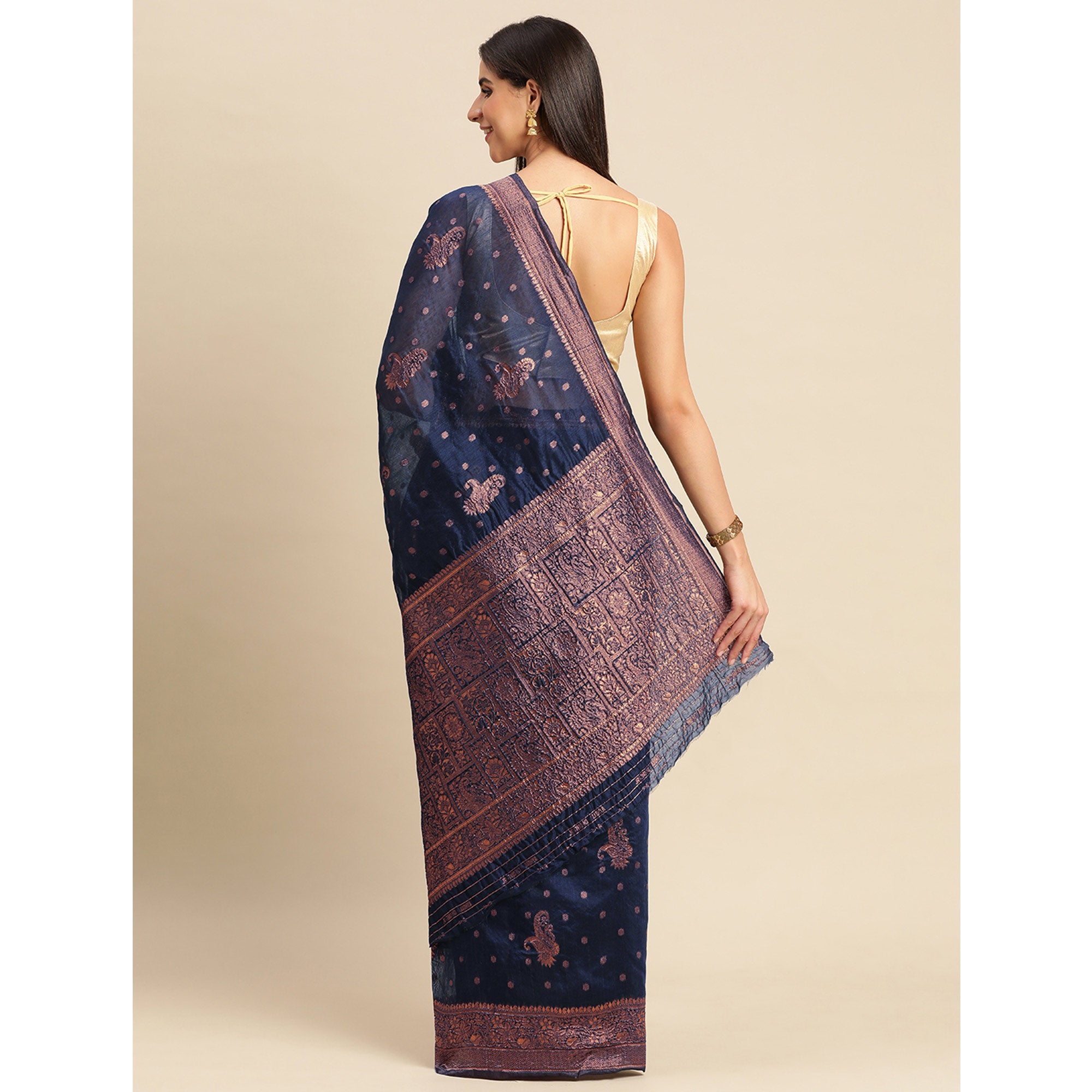 Navy Blue Woven Organza Saree