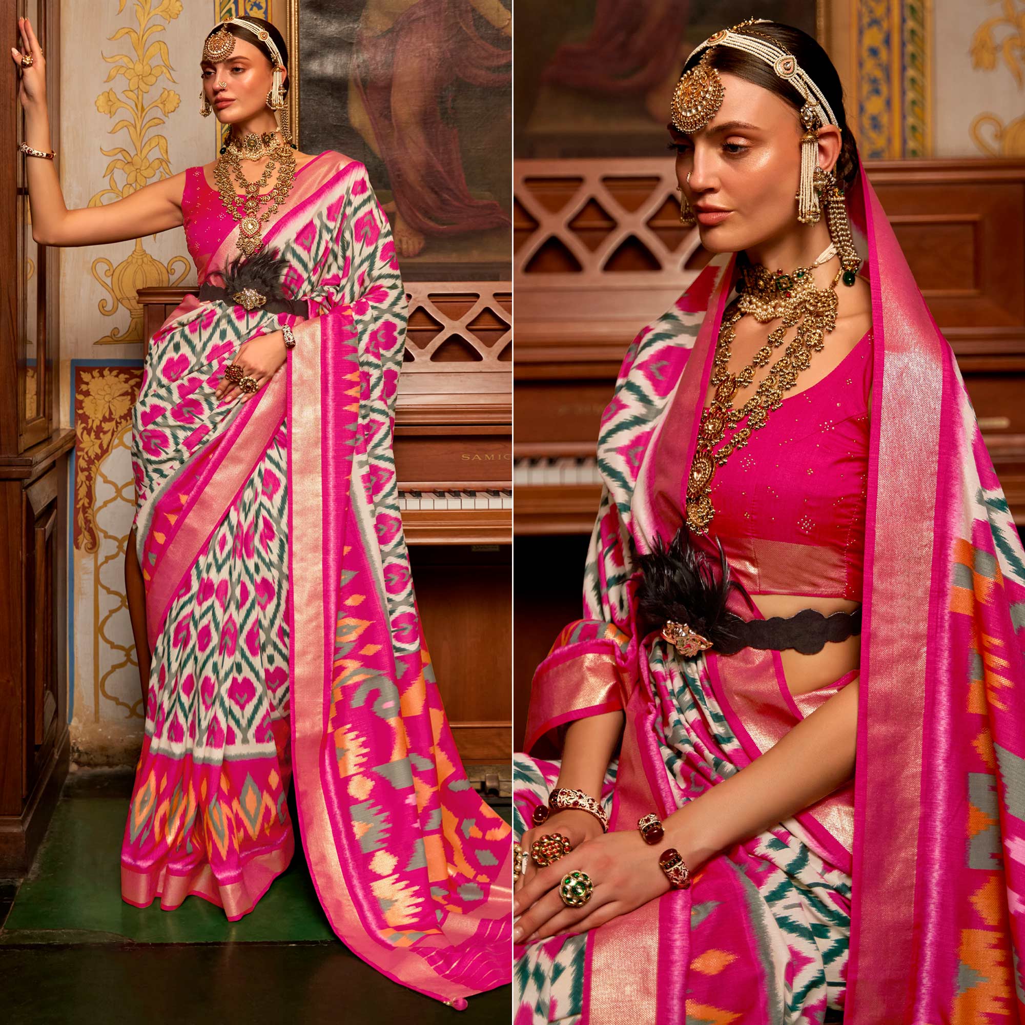 Rose Pink & Off White Printed Art Silk Saree