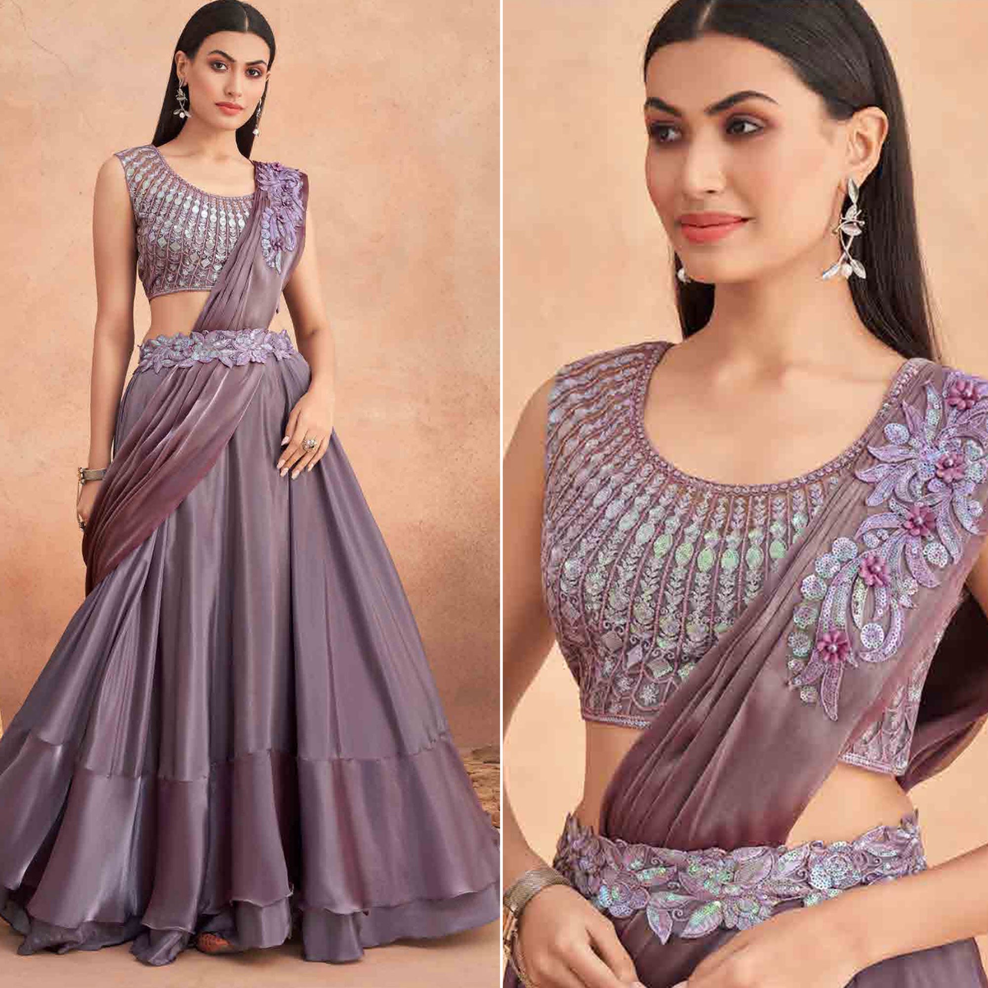 Mauve Sequins Embroidered Ready to Wear Art Silk Saree
