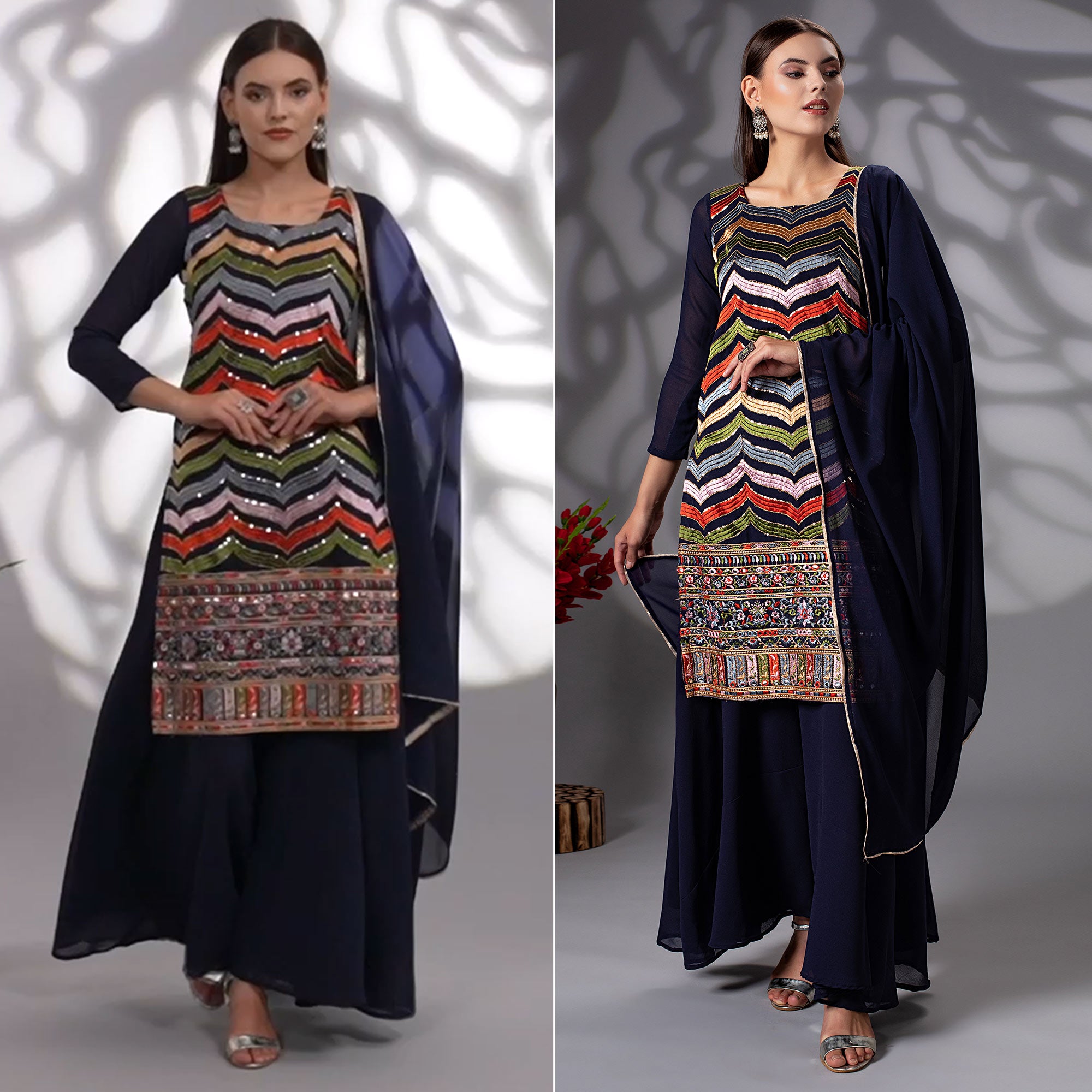 Navy Blue Sequins Embroidered Georgette Sharara Suit