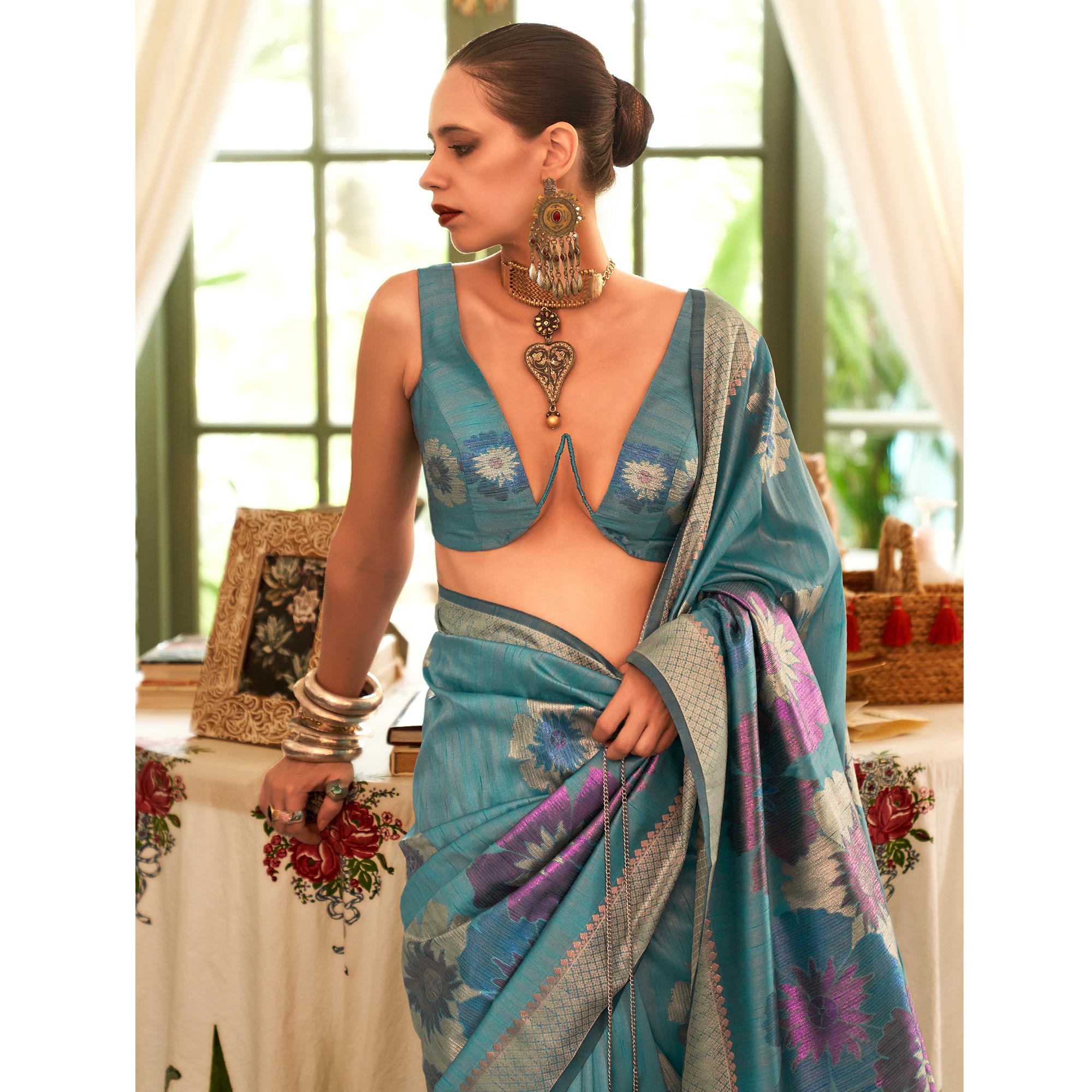Sky Blue Woven Art Silk Saree With Tassels